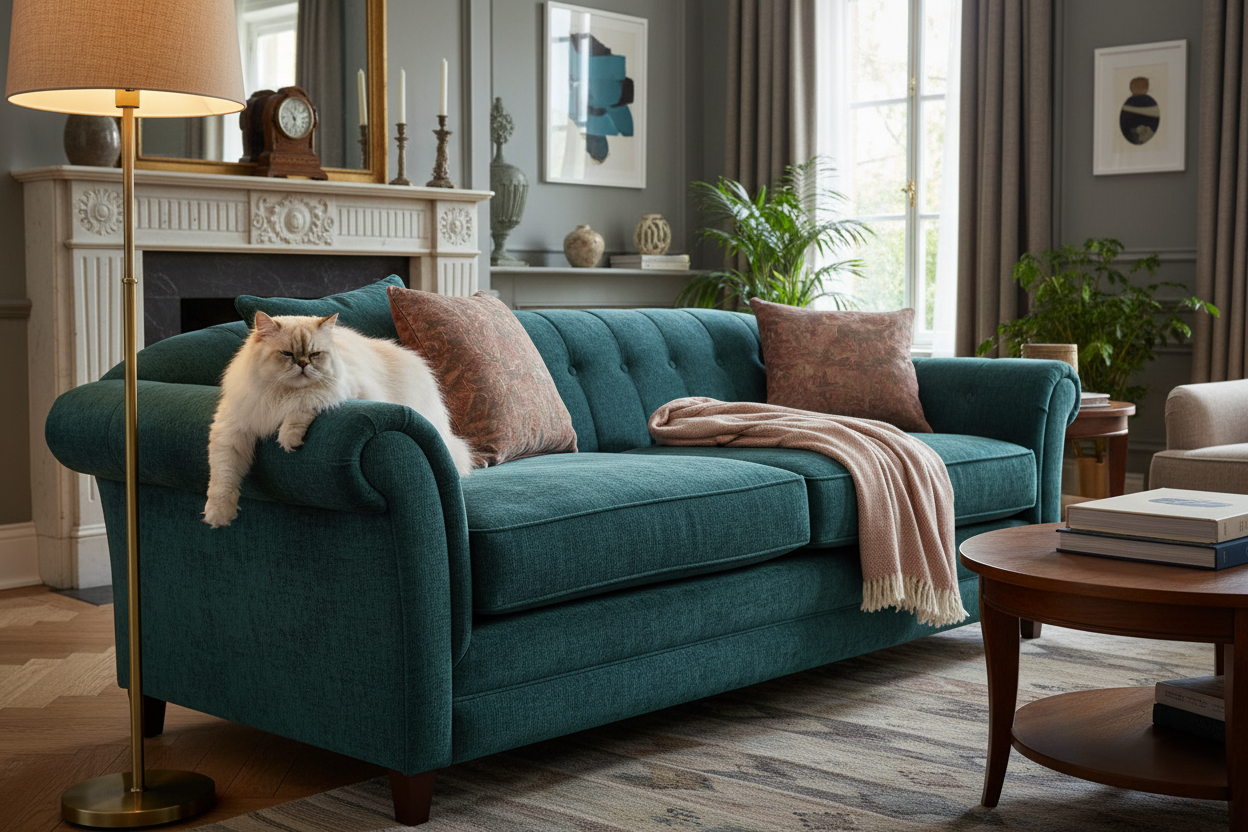 Pet friendly upholstery fabric on velvet sofa for household pets