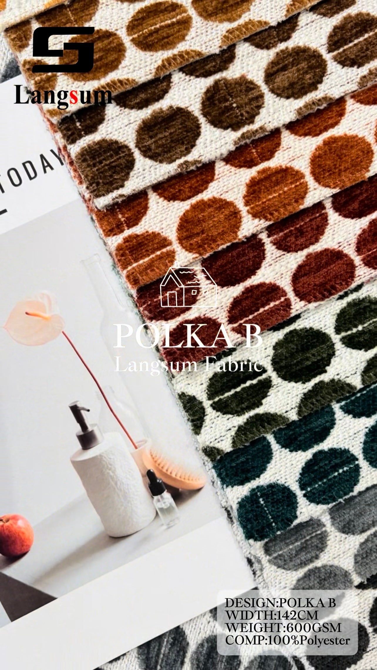 POLKA B Chenille Fabric Woven Jacquard Fabric – 600gsm, 56" Wide, 11 Colors Langsum Fabric