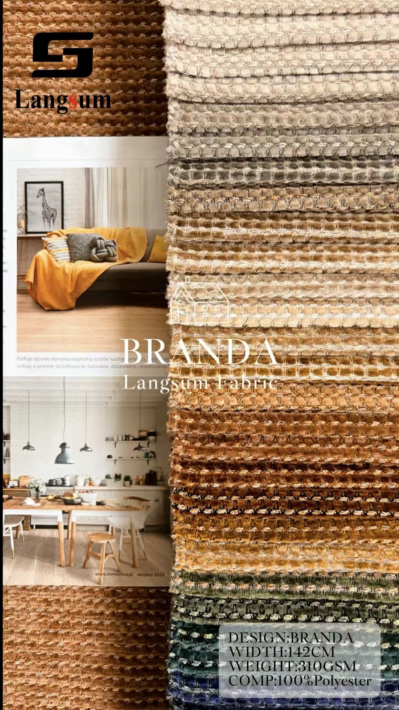 BRANDA Chenille Fabric Woven Jacquard Fabric – 310gsm, 56" Wide, 44 Colors Langsum Fabric