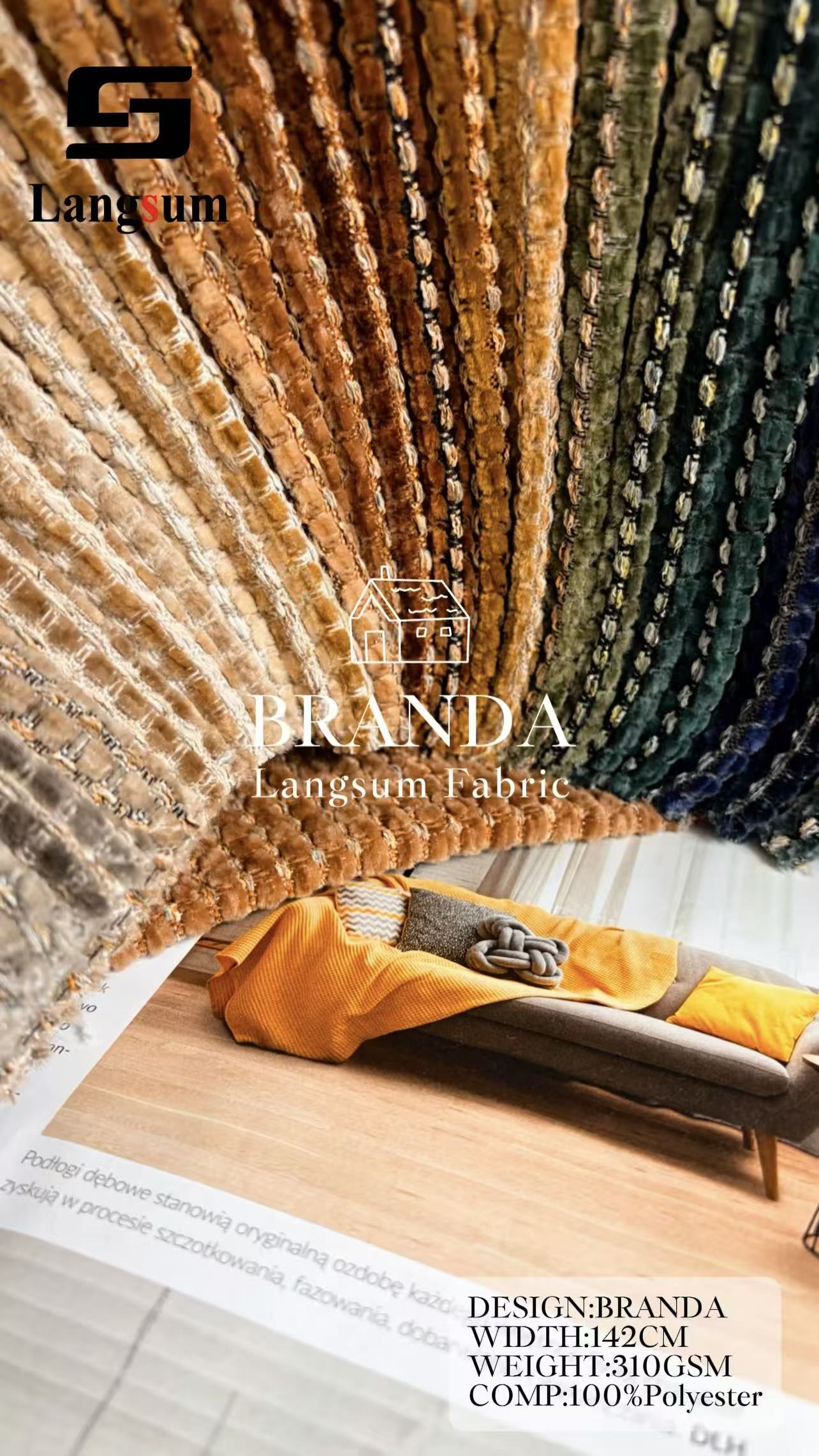 BRANDA Chenille Fabric Woven Jacquard Fabric – 310gsm, 56" Wide, 44 Colors Langsum Fabric