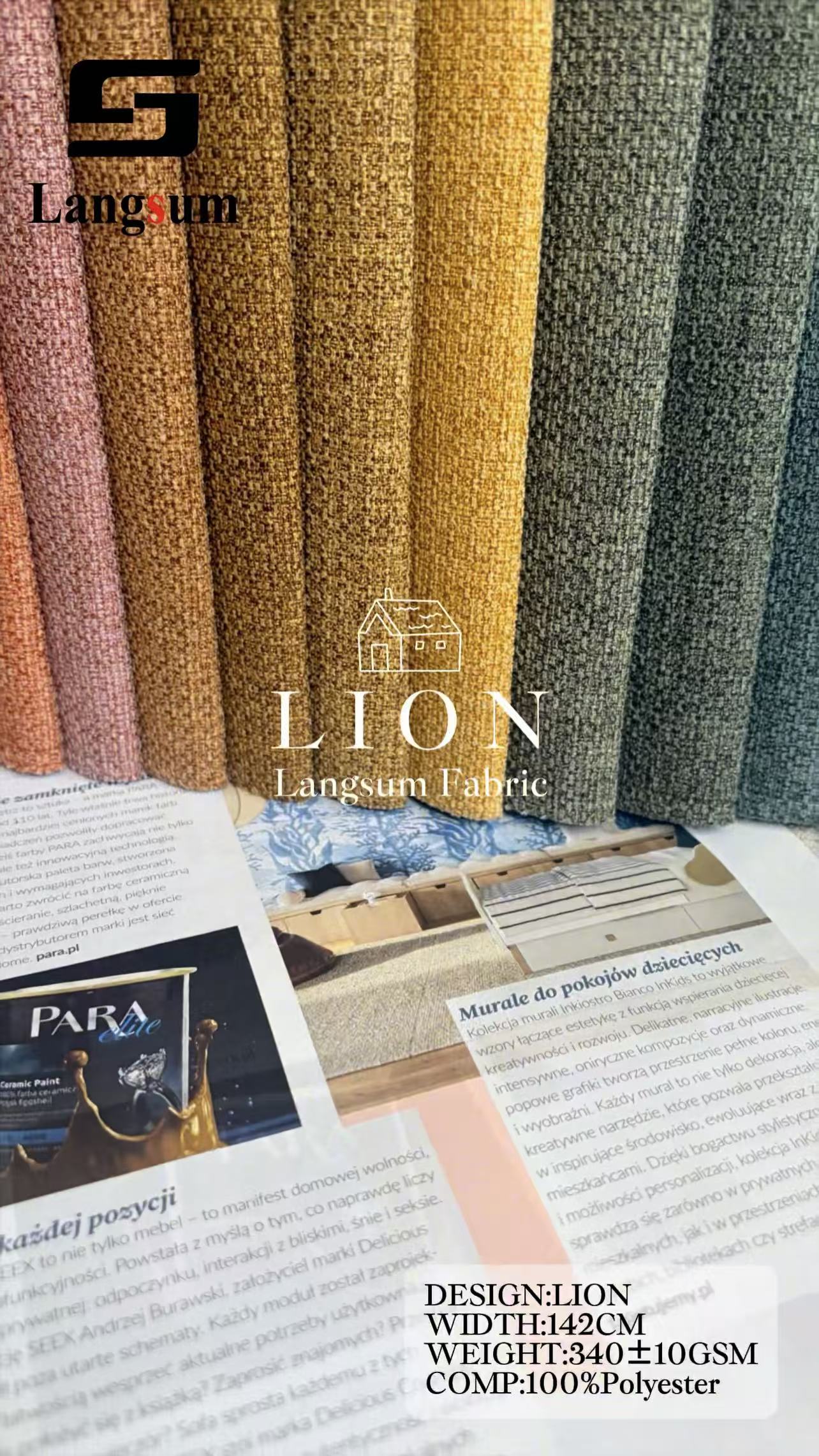LION Chenille Fabric Woven Jacquard Fabric – 340gsm, 56" Wide, 26 Colors Langsum Fabric