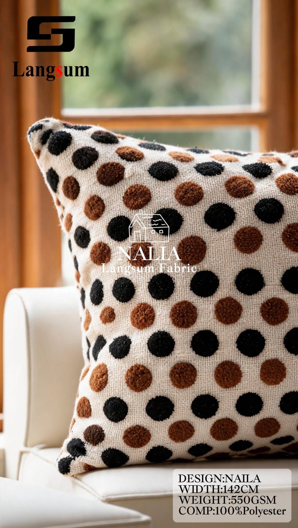 NALIA Spotted-Pattern Polyester Upholstery Fabric – 550gsm, 56" Wide Langsum Fabric
