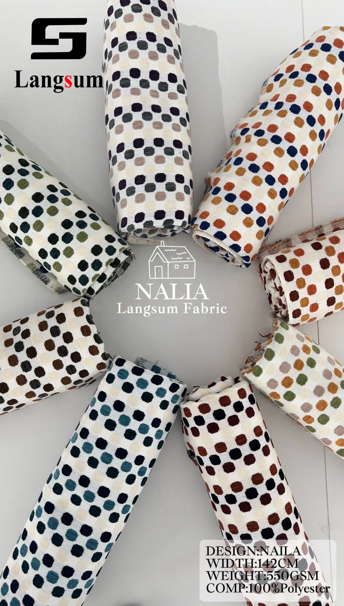 NALIA Spotted-Pattern Polyester Upholstery Fabric – 550gsm, 56" Wide Langsum Fabric