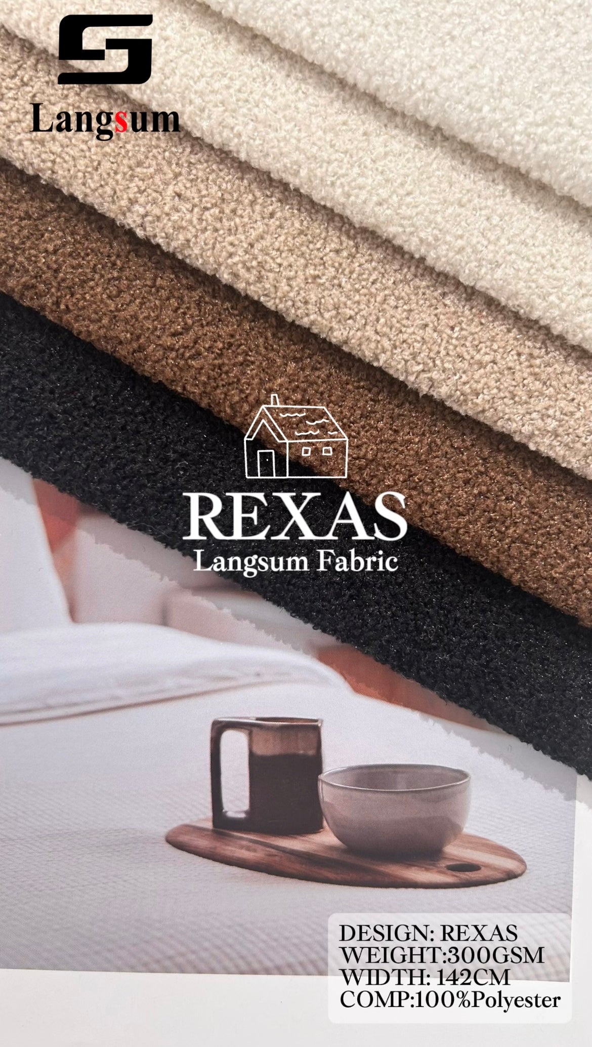 REXAS Loop-Textured Polyester Upholstery Fabric – 300gsm, 56" Wide Langsum Fabric