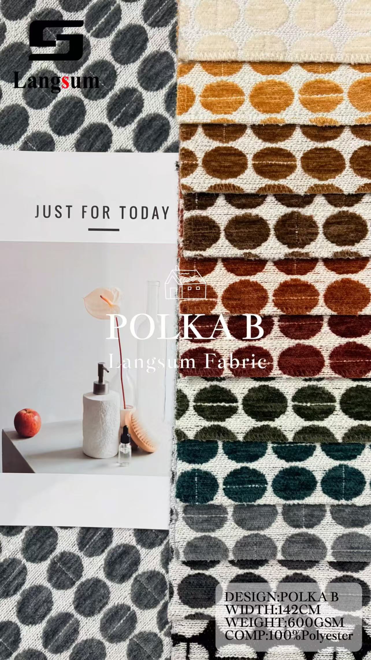 POLKA B Chenille Fabric Woven Jacquard Fabric – 600gsm, 56" Wide, 11 Colors Langsum Fabric