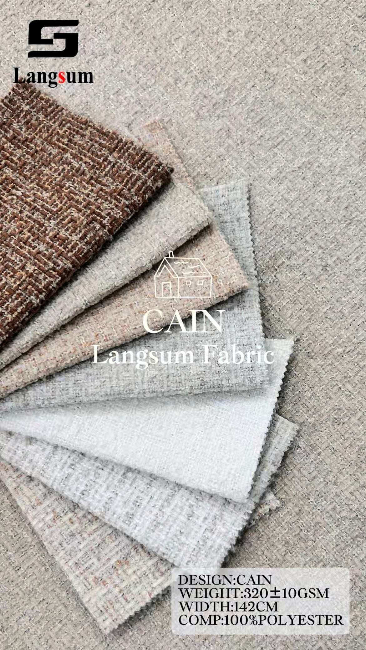 CAIN Mottled Textured Polyester Upholstery Fabric – 320±10gsm, 56" Wide, 12 Colors Langsum Fabric