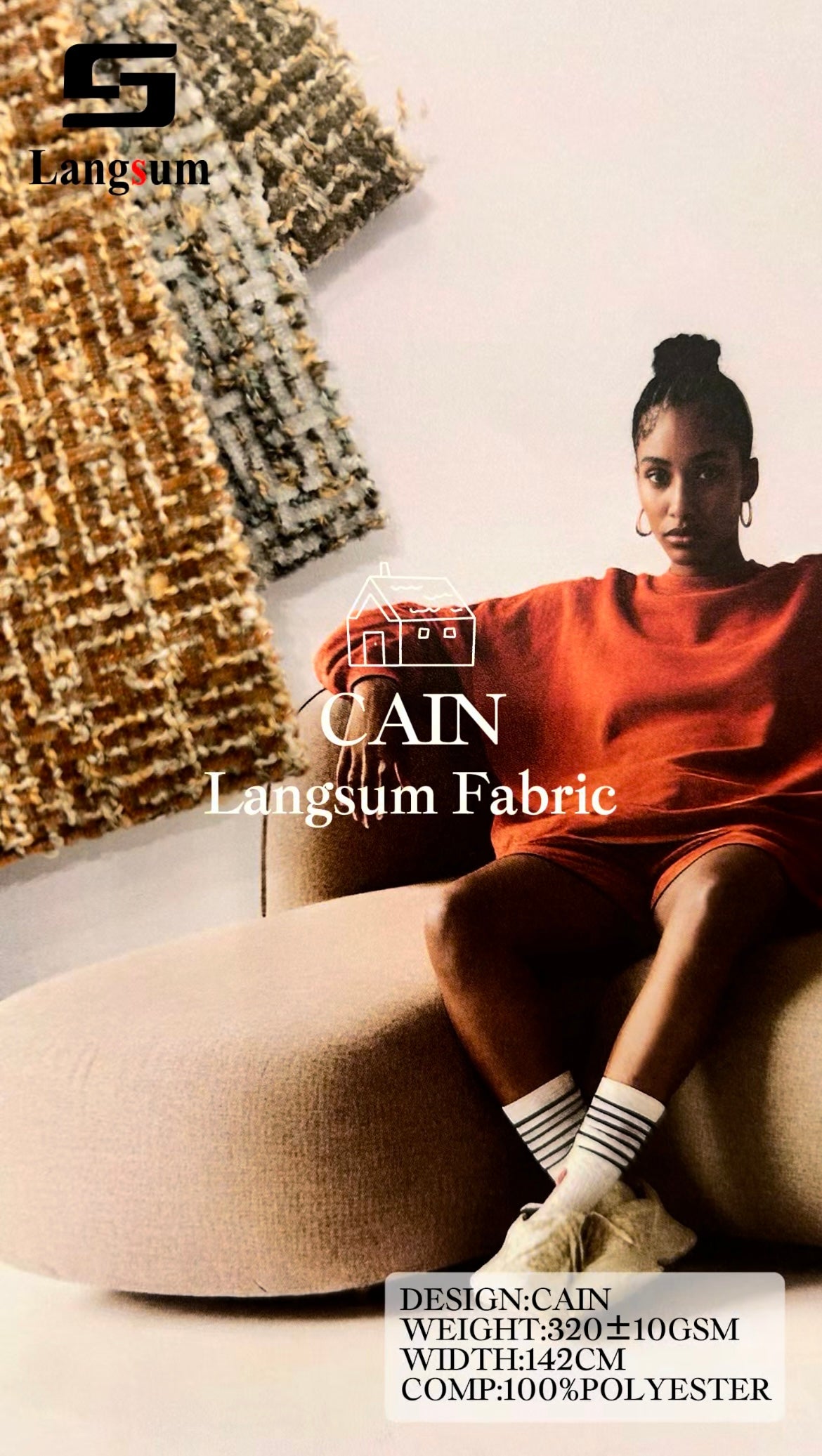CAIN Mottled Textured Polyester Upholstery Fabric – 320±10gsm, 56" Wide, 12 Colors Langsum Fabric