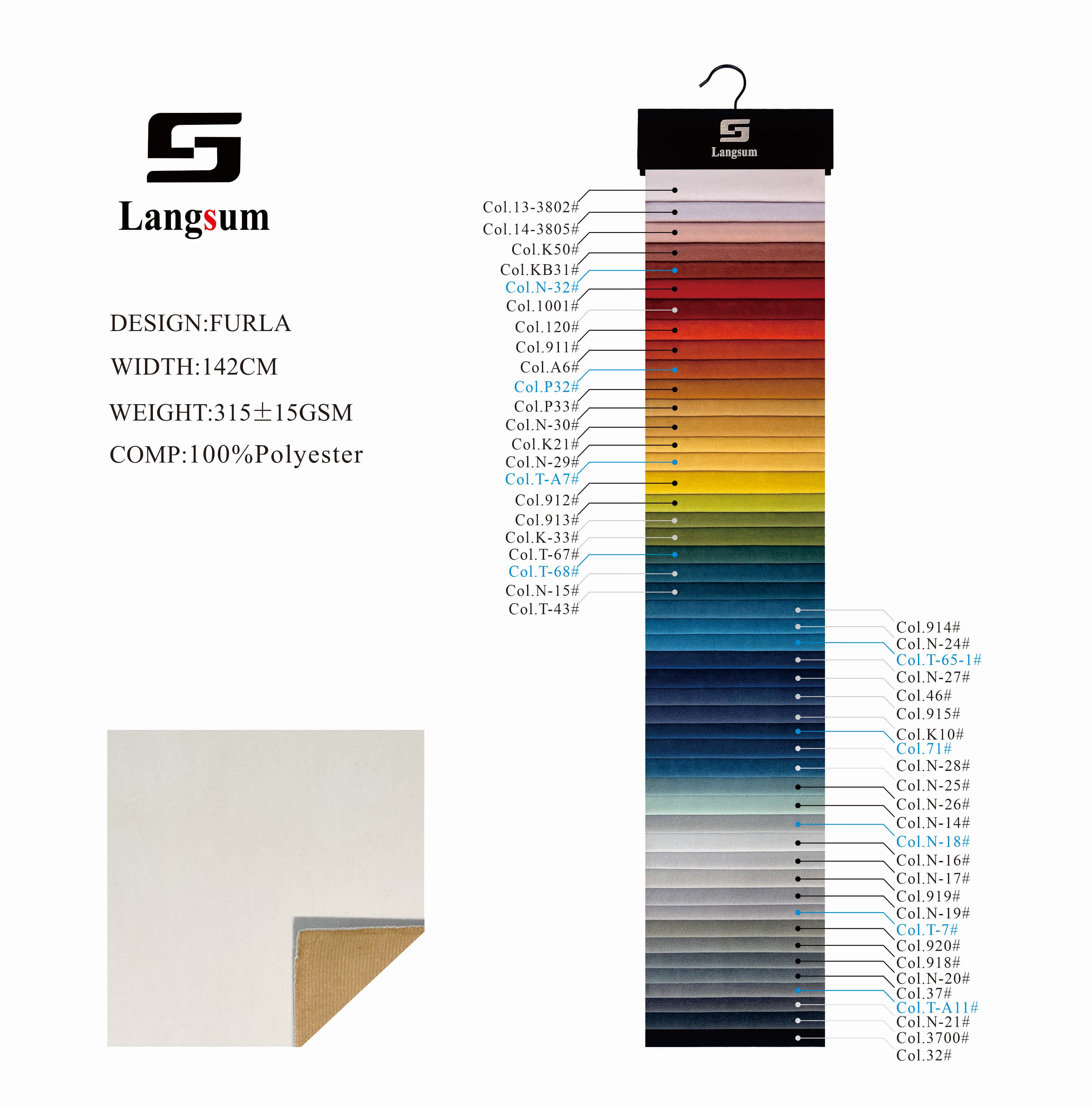 FURLA Chenille Fabric Woven Jacquard Fabric – 315gsm, 56" Wide, 104 Colors Langsum Fabric