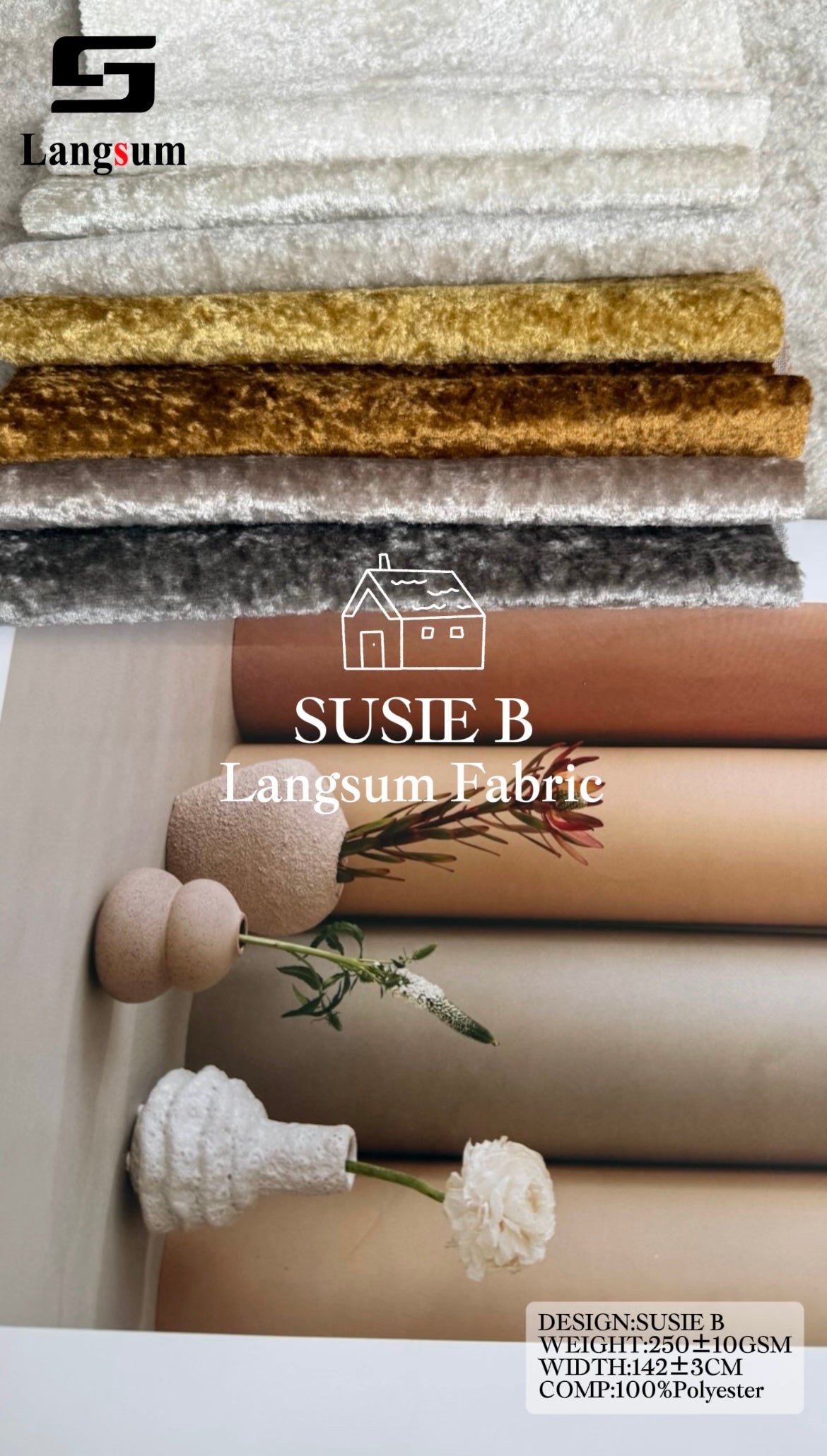 SUSIE B Plush-Textured Polyester Upholstery Fabric – 250±10gsm, 56" Wide Langsum Fabric
