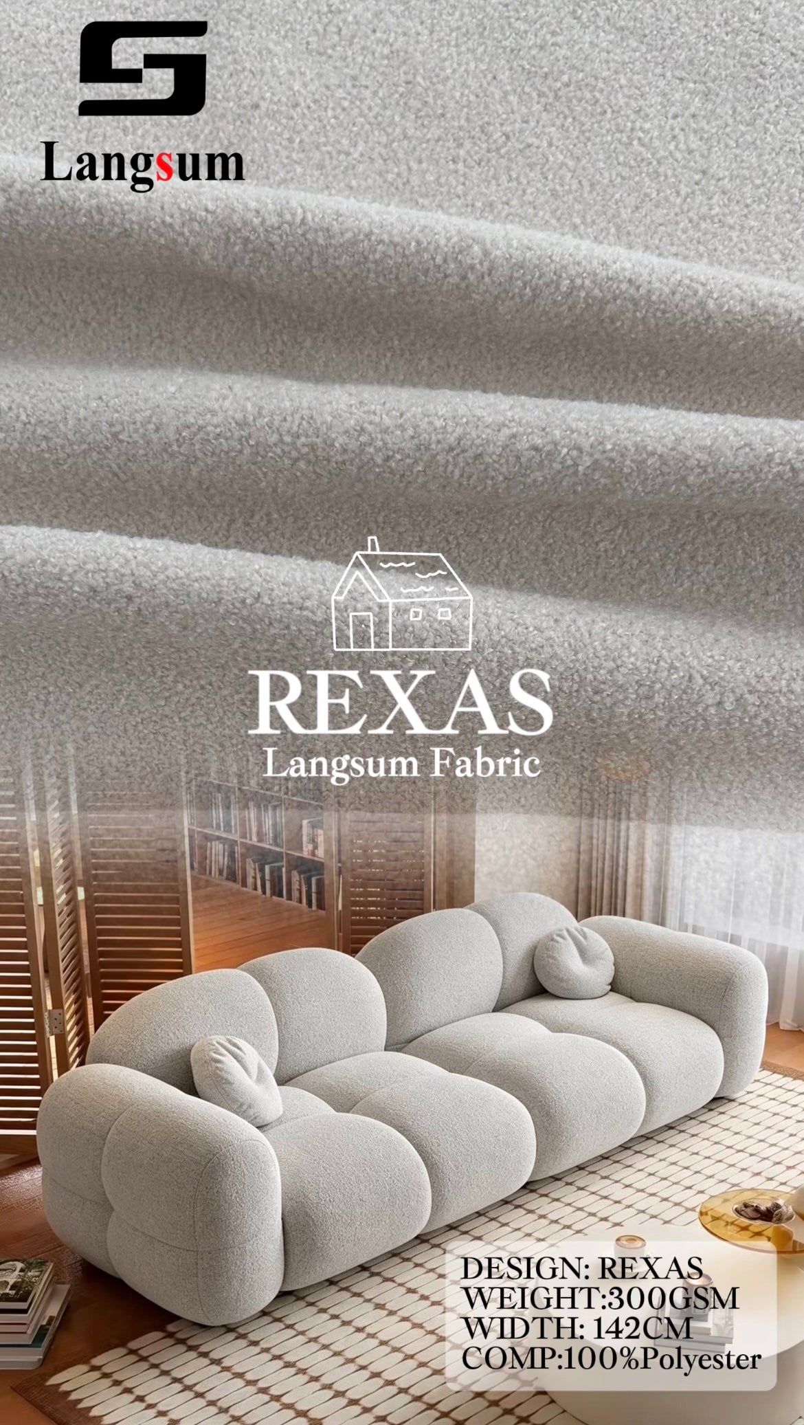 REXAS Loop-Textured Polyester Upholstery Fabric – 300gsm, 56" Wide Langsum Fabric