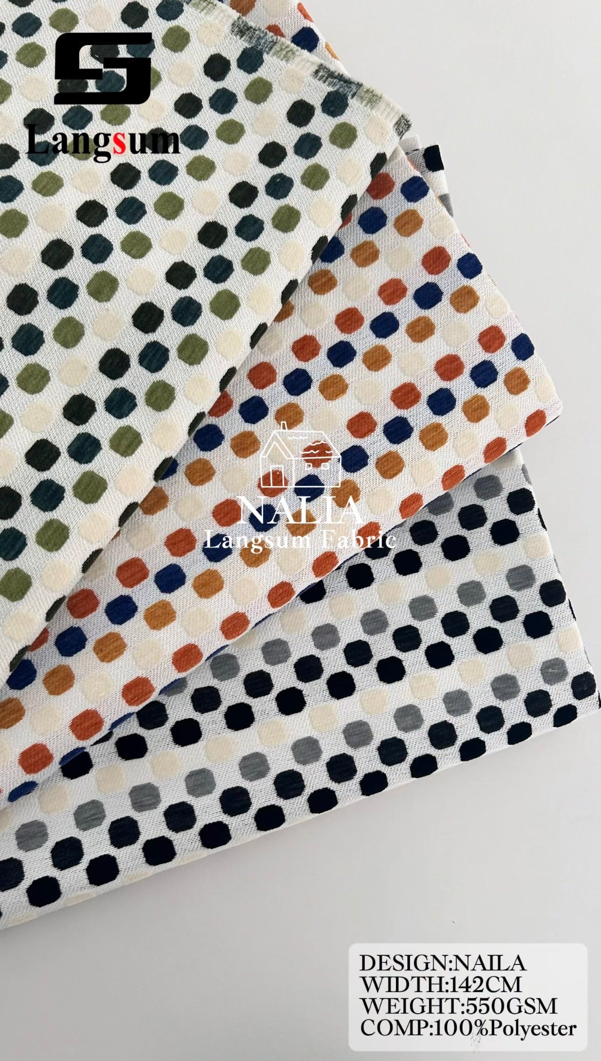 NALIA Spotted-Pattern Polyester Upholstery Fabric – 550gsm, 56" Wide Langsum Fabric