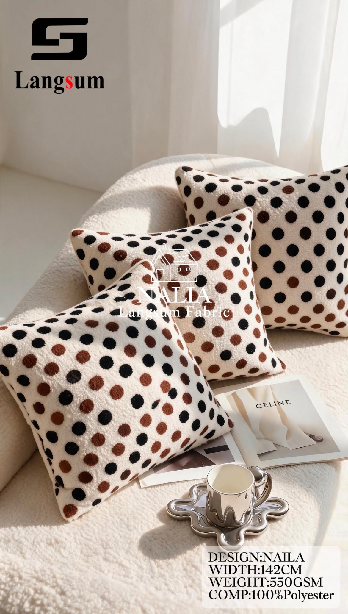 NALIA Spotted-Pattern Polyester Upholstery Fabric – 550gsm, 56" Wide Langsum Fabric