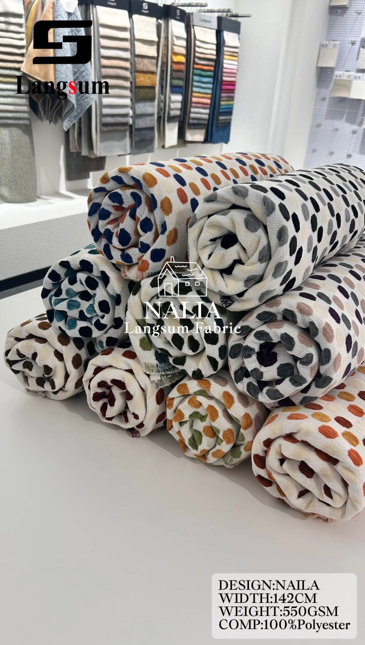 NALIA Spotted-Pattern Polyester Upholstery Fabric – 550gsm, 56" Wide Langsum Fabric