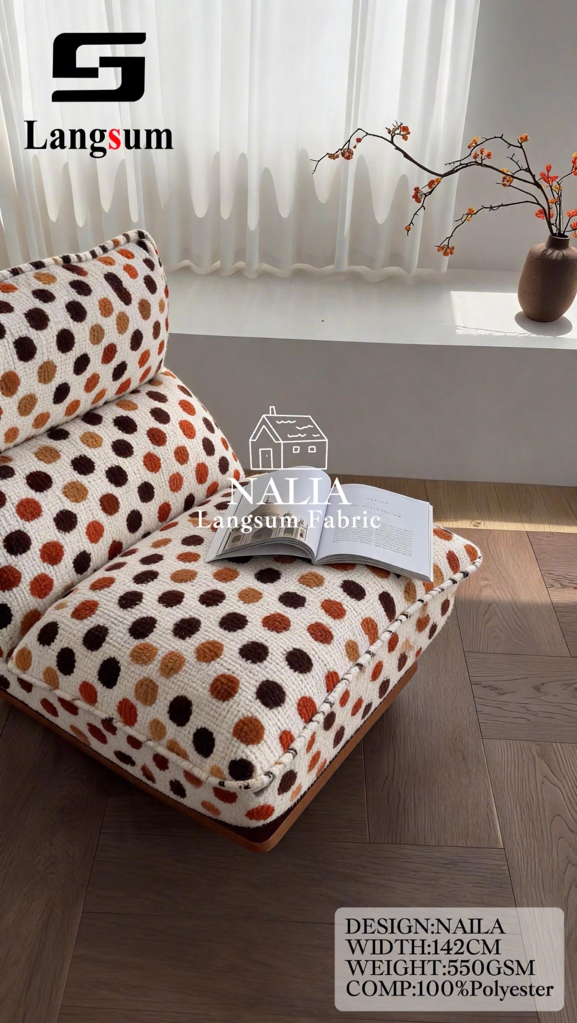 NALIA Spotted-Pattern Polyester Upholstery Fabric – 550gsm, 56" Wide Langsum Fabric