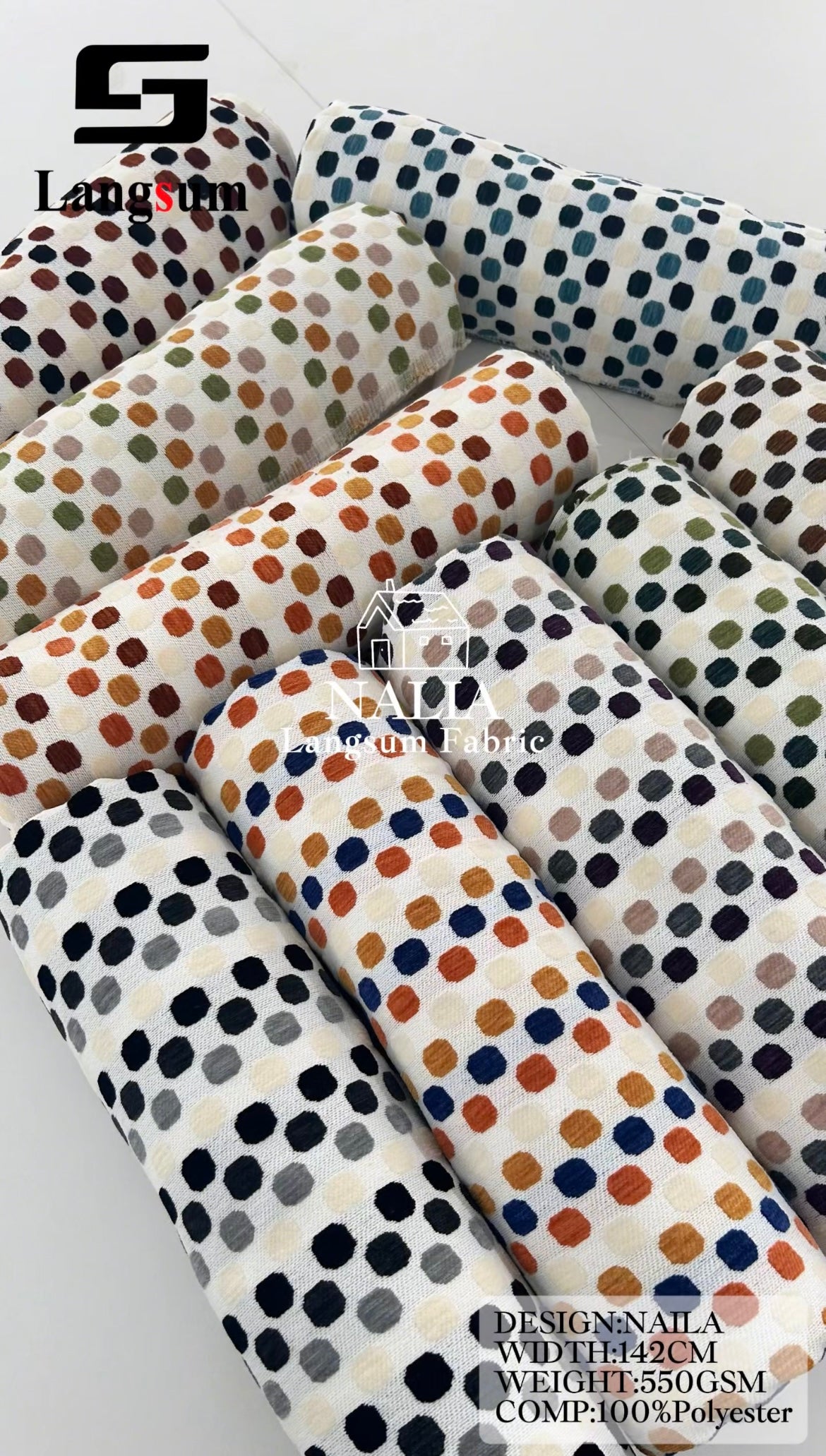 NALIA Spotted-Pattern Polyester Upholstery Fabric – 550gsm, 56" Wide Langsum Fabric