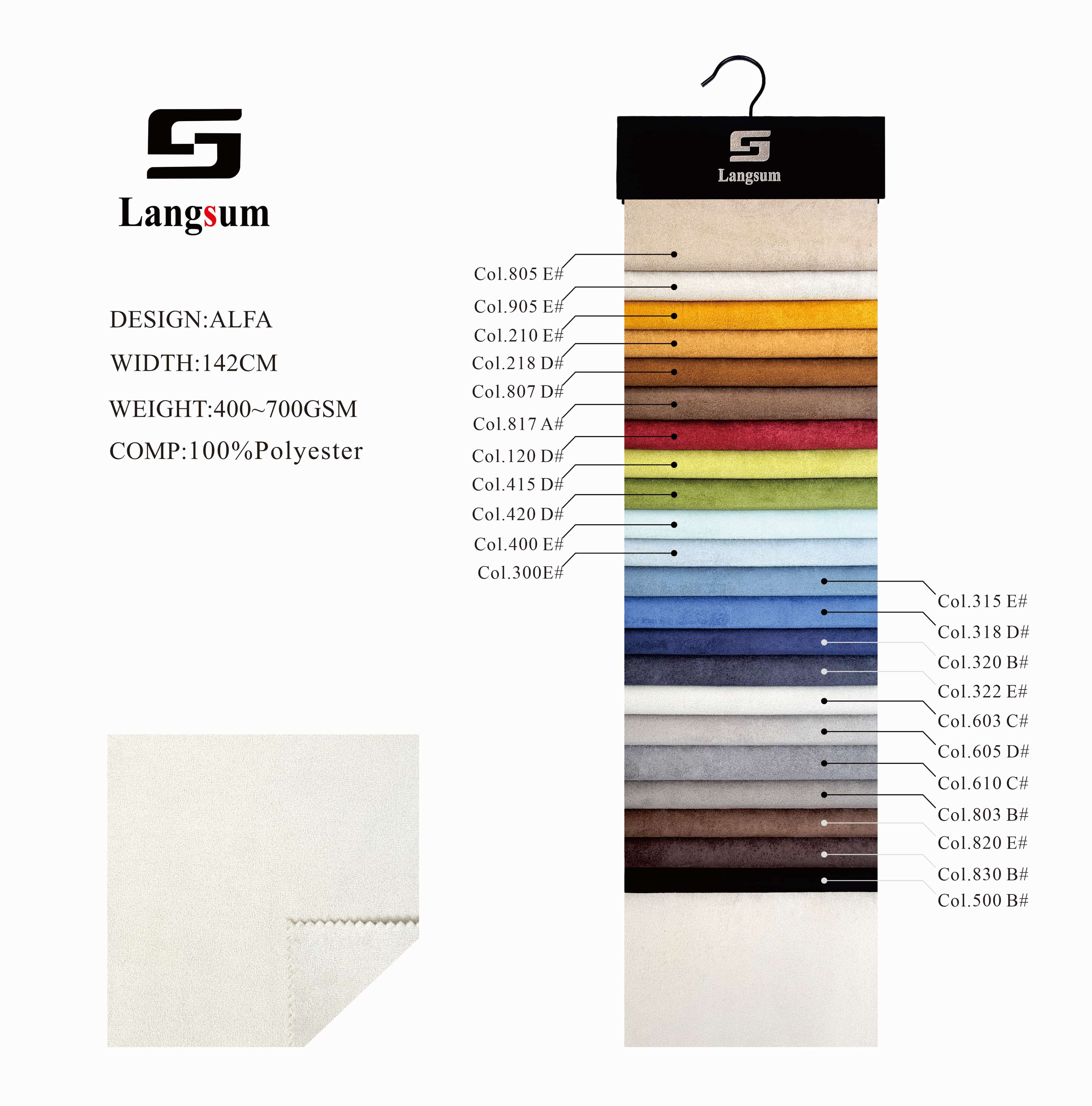 ALFA Suede Fabric Polyester Upholstery Fabric – 400–700gsm, 56" Wide, 25 Colors Langsum Fabric