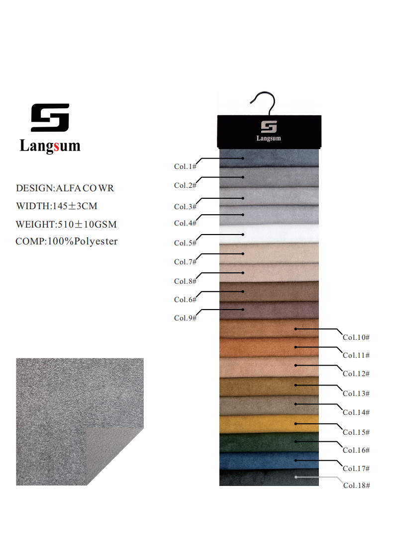 ALFA CO WR Water-Resistant Suede Fabric Polyester Upholstery Fabric – 350gsm, 56" Wide, 18 Colors Langsum Fabric