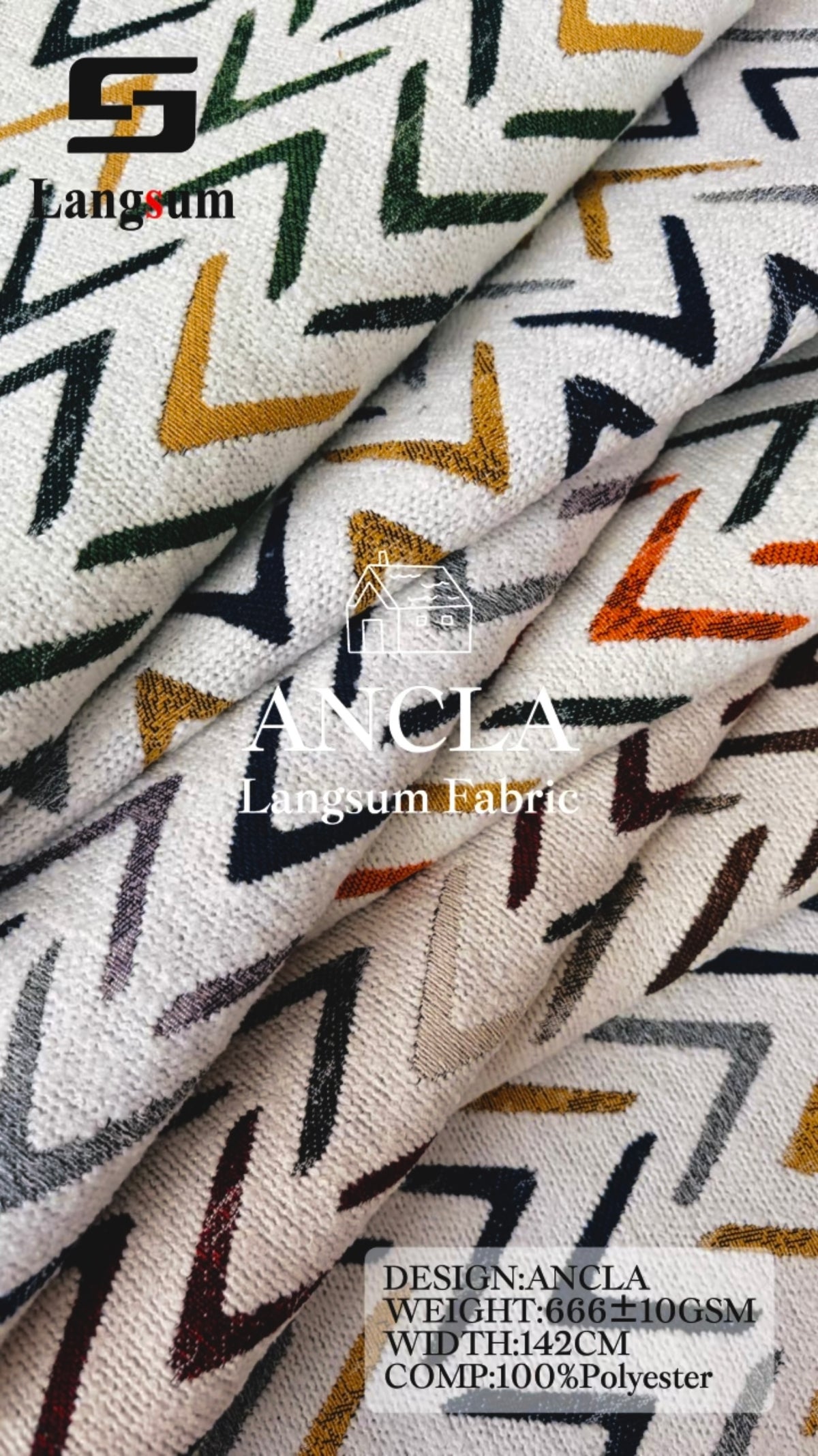 ANCLA Angular-Pattern Polyester Upholstery Fabric – 666±10gsm, 56" Wide Langsum Fabric