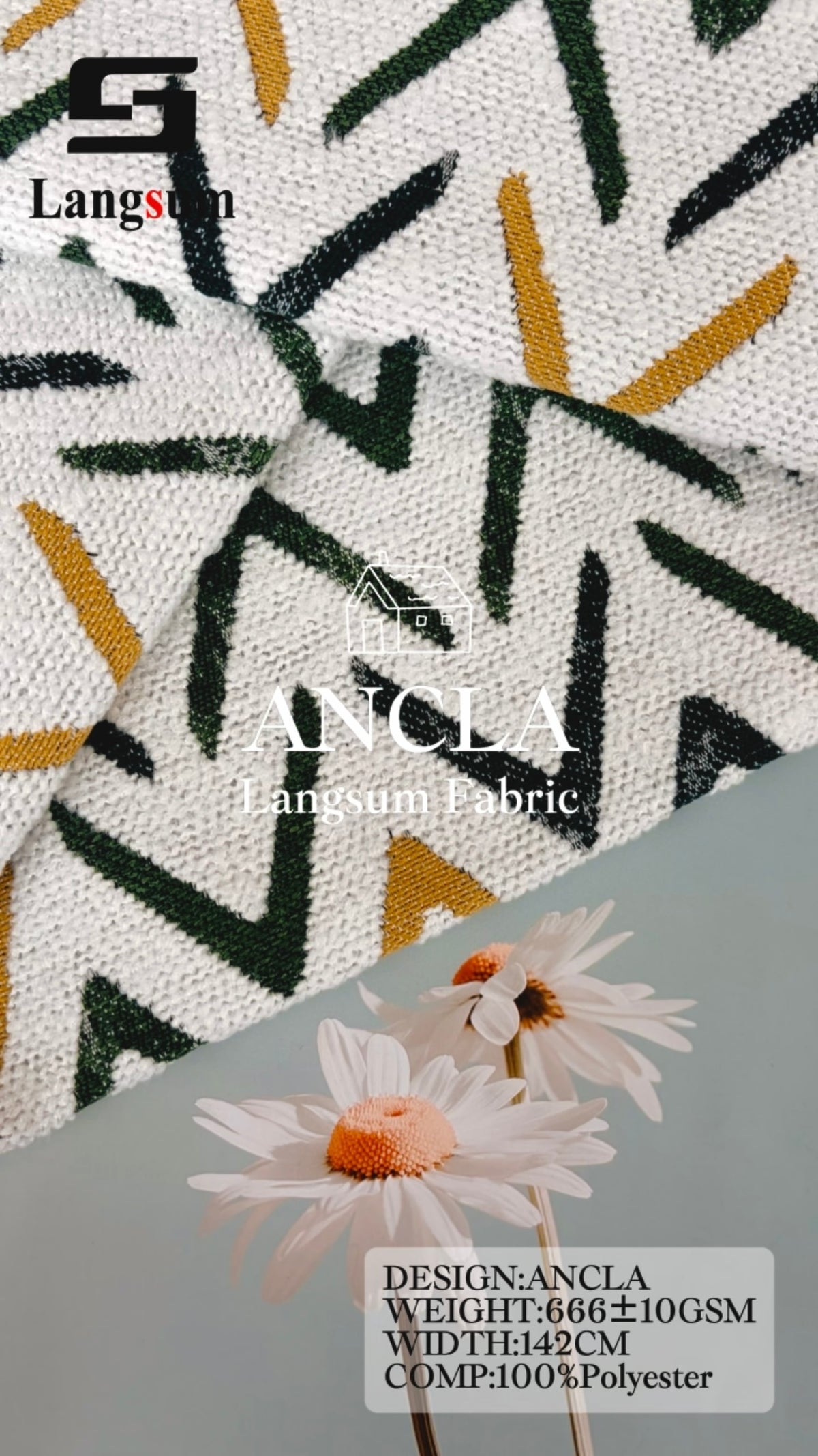 ANCLA Angular-Pattern Polyester Upholstery Fabric – 666±10gsm, 56" Wide Langsum Fabric