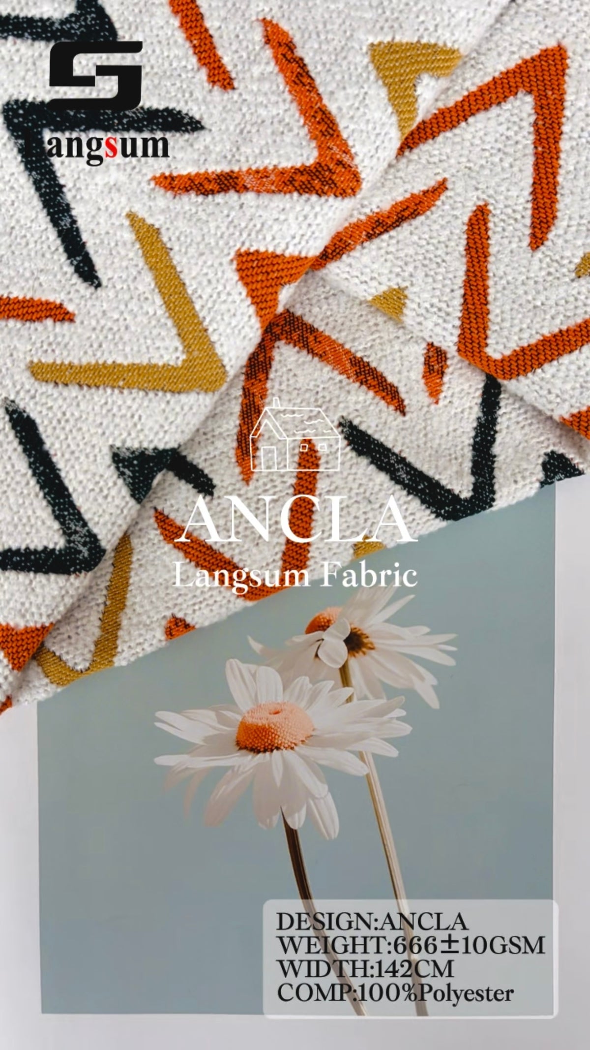 ANCLA Angular-Pattern Polyester Upholstery Fabric – 666±10gsm, 56" Wide Langsum Fabric