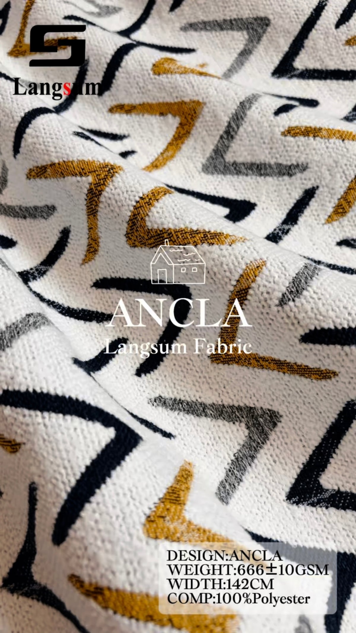 ANCLA Angular-Pattern Polyester Upholstery Fabric – 666±10gsm, 56" Wide Langsum Fabric