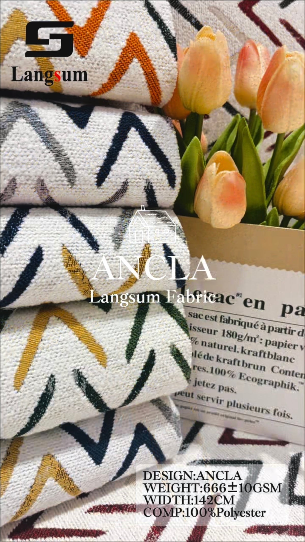 ANCLA Angular-Pattern Polyester Upholstery Fabric – 666±10gsm, 56" Wide Langsum Fabric