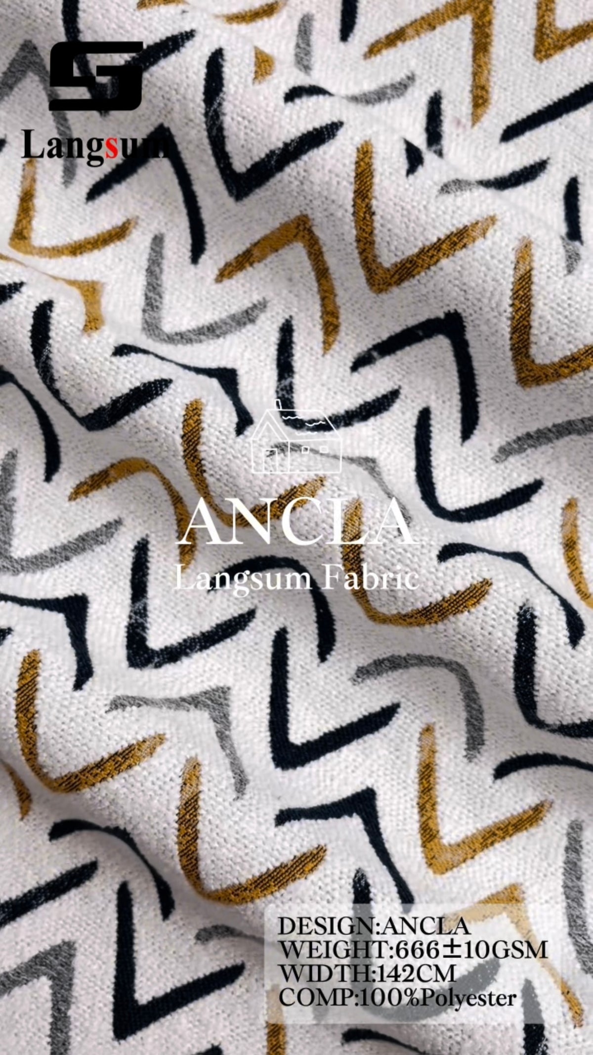 ANCLA Angular-Pattern Polyester Upholstery Fabric – 666±10gsm, 56" Wide Langsum Fabric