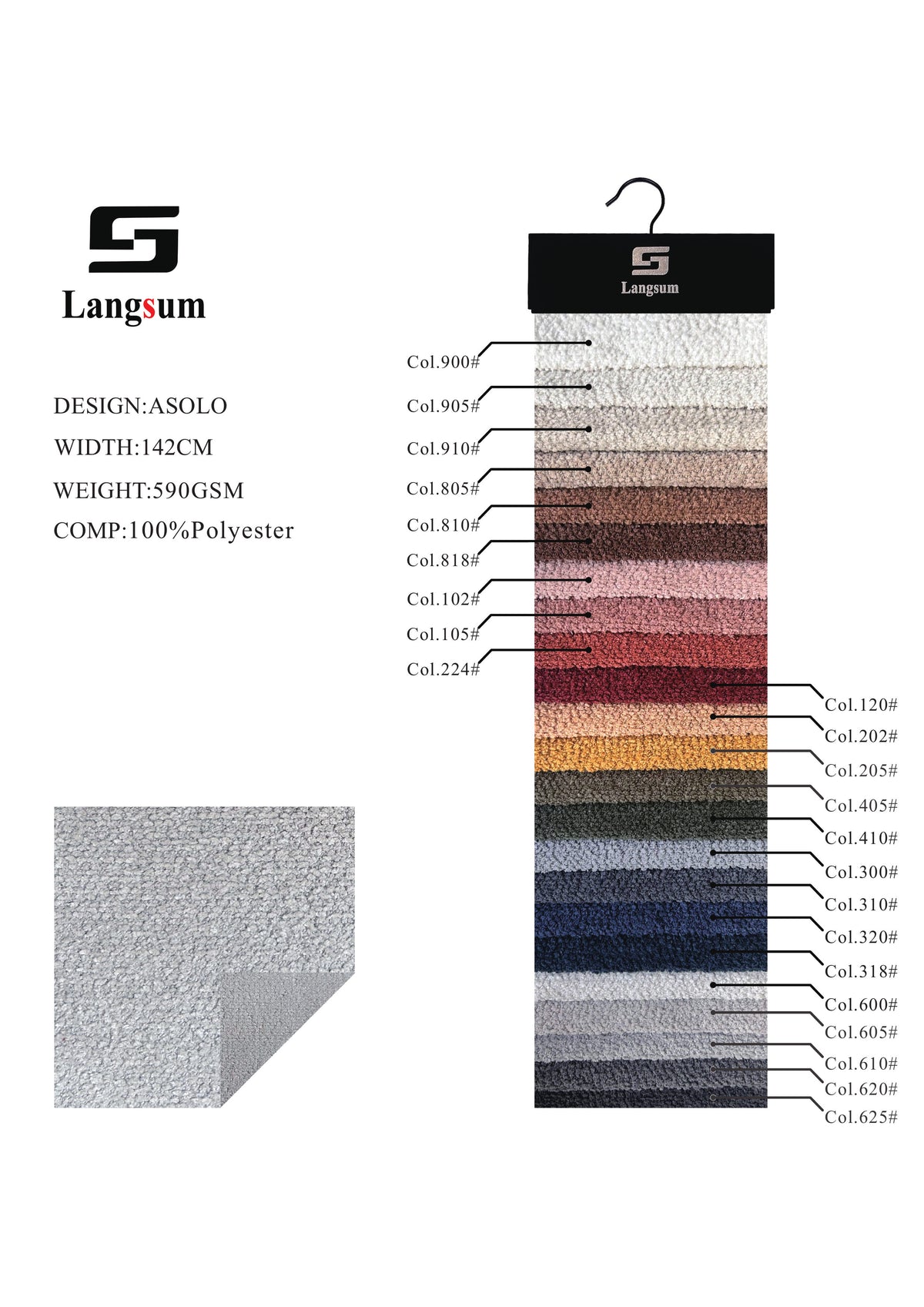 ASOLO Bouclé Polyester Upholstery Fabric – 590gsm, 56" Wide, 23 Colors Langsum Fabric