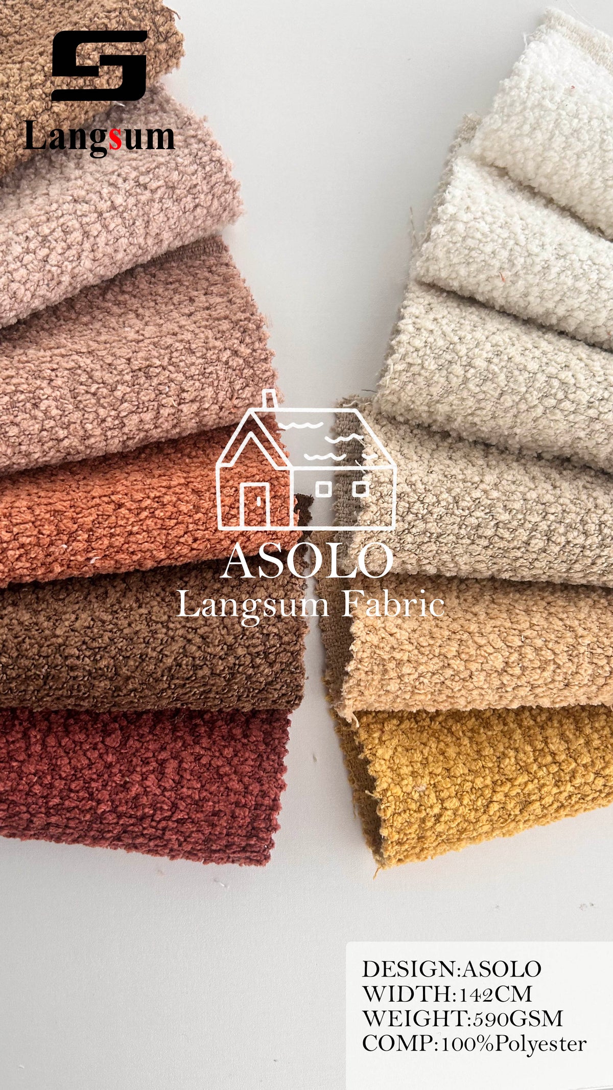 ASOLO Bouclé Polyester Upholstery Fabric – 590gsm, 56" Wide, 23 Colors Langsum Fabric