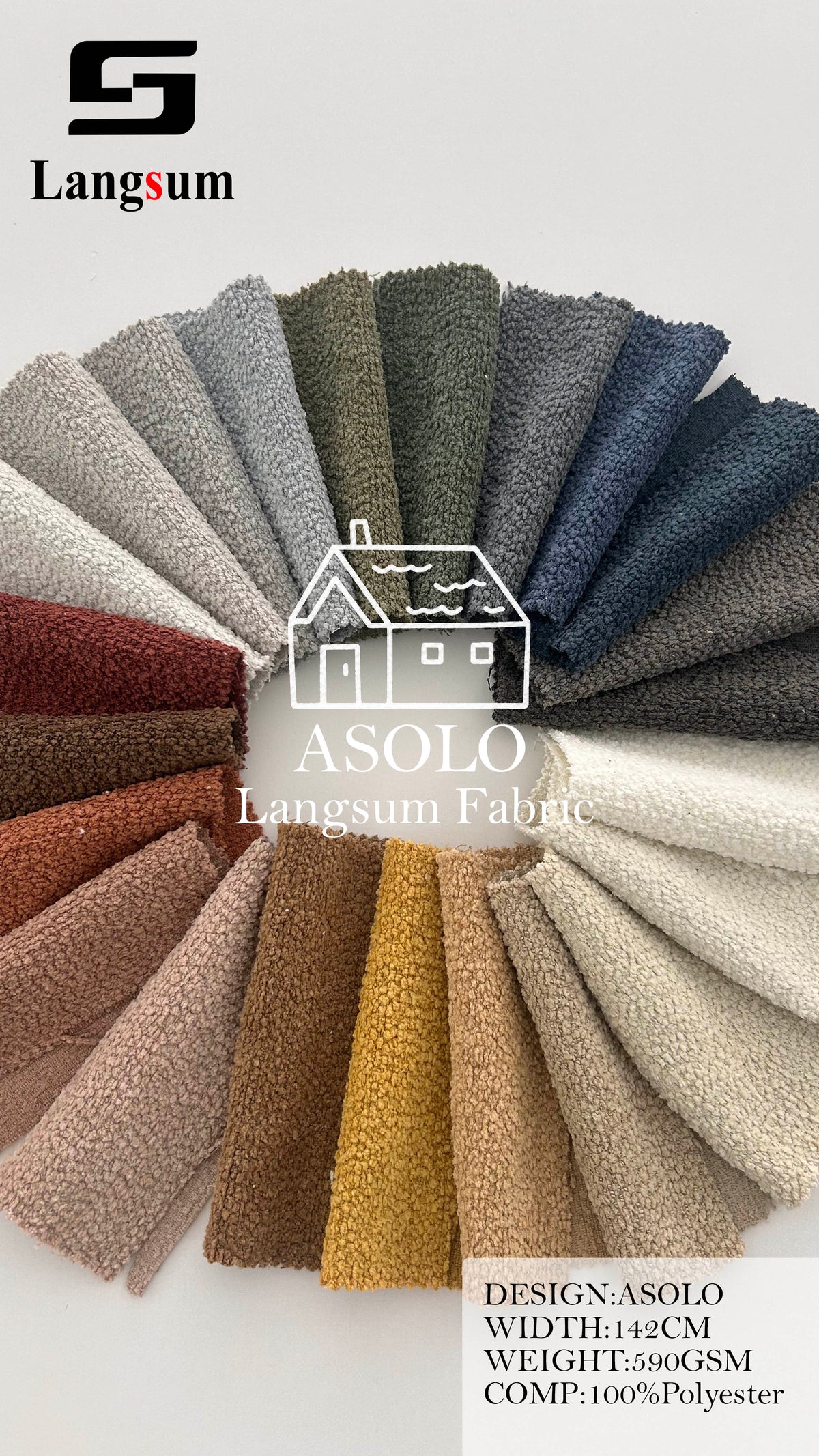 ASOLO Bouclé Polyester Upholstery Fabric – 590gsm, 56" Wide, 23 Colors Langsum Fabric