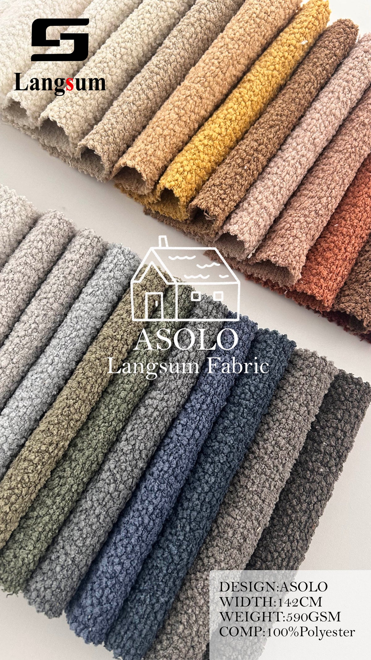 ASOLO Bouclé Polyester Upholstery Fabric – 590gsm, 56" Wide, 23 Colors Langsum Fabric
