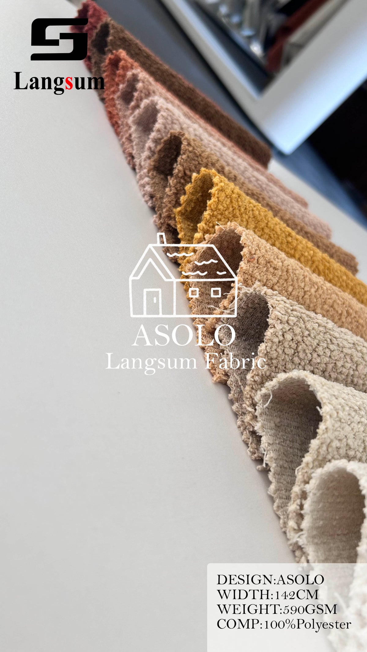 ASOLO Bouclé Polyester Upholstery Fabric – 590gsm, 56" Wide, 23 Colors Langsum Fabric