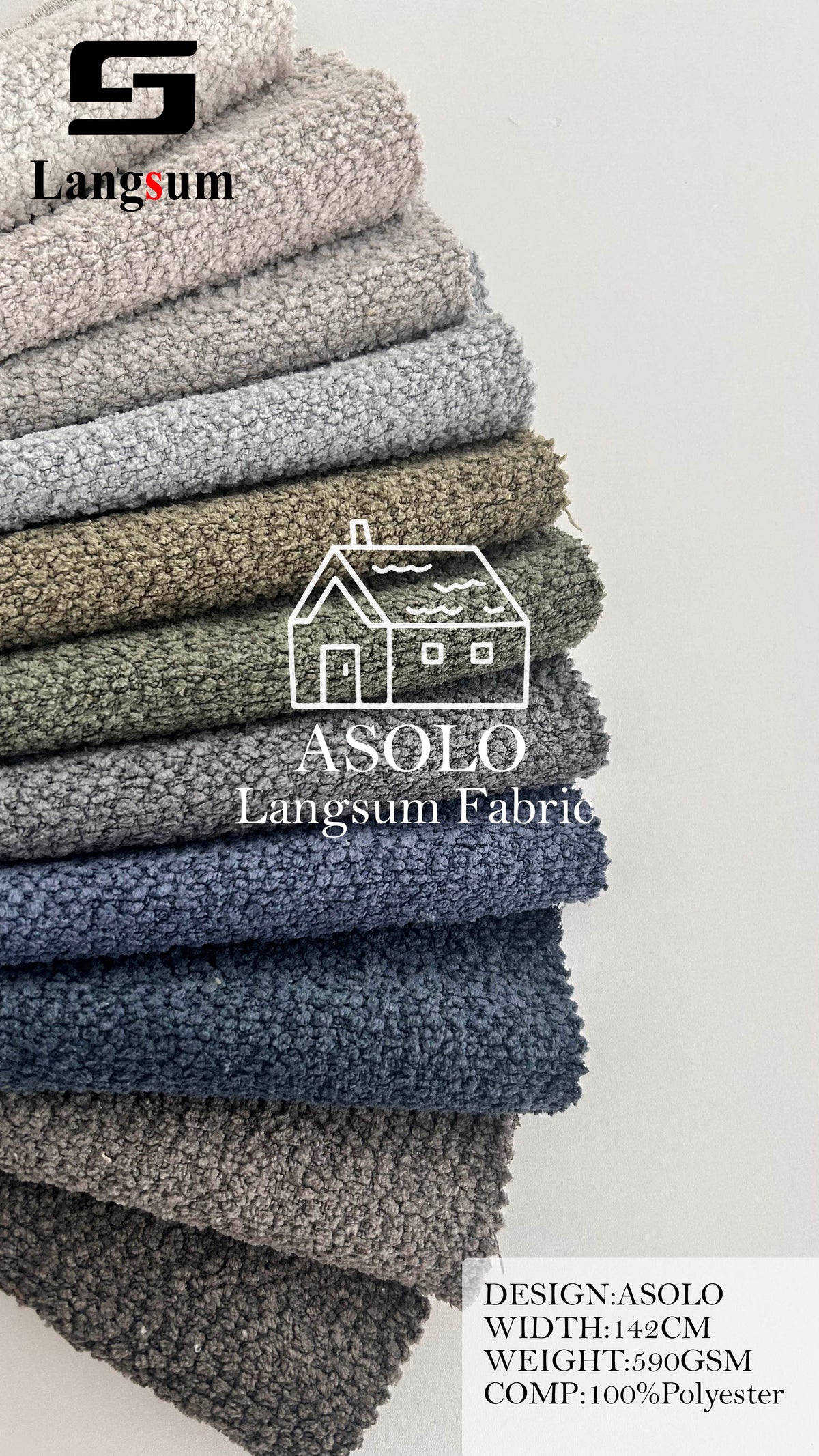 ASOLO Bouclé Polyester Upholstery Fabric – 590gsm, 56" Wide, 23 Colors Langsum Fabric