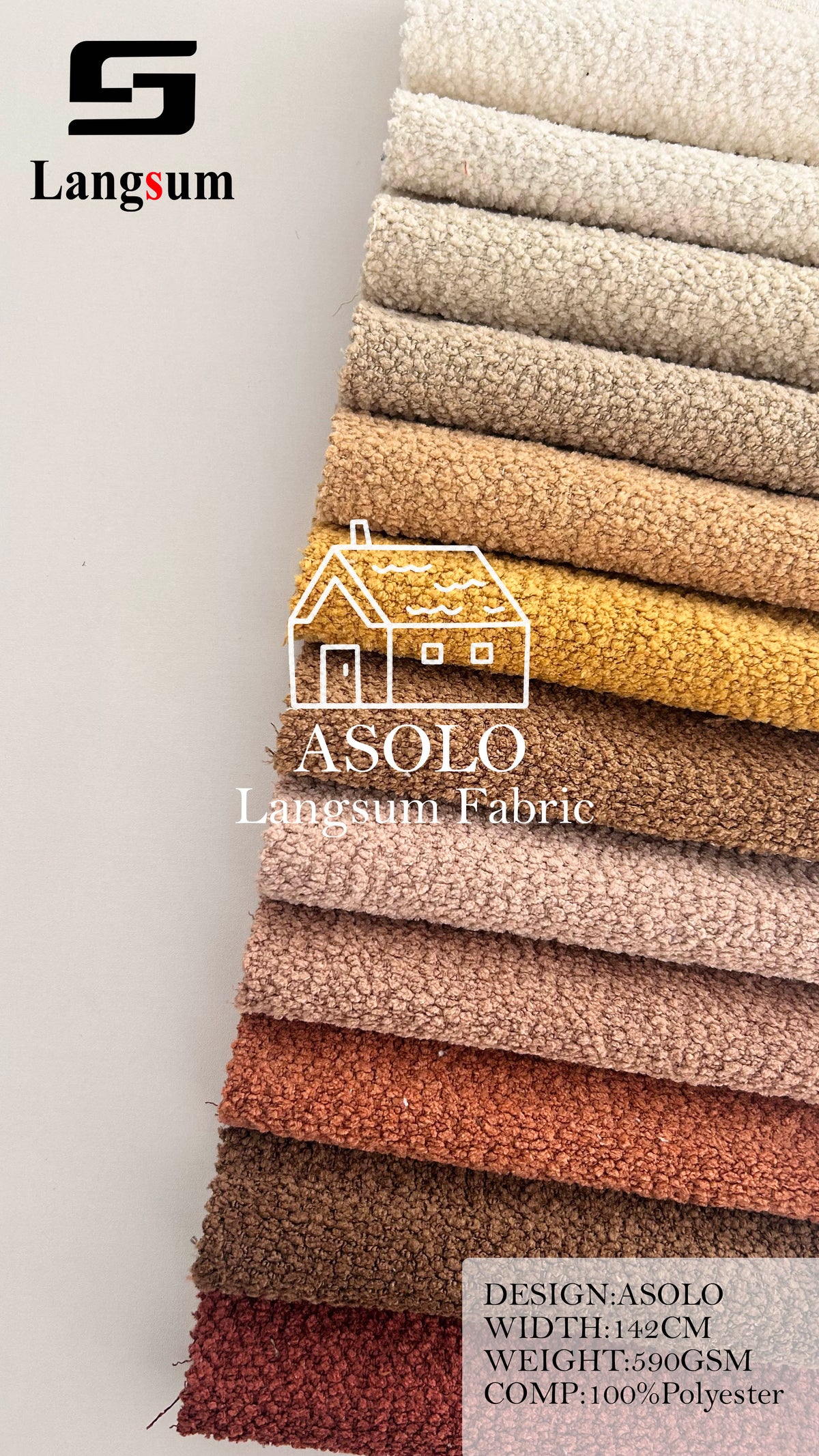 ASOLO Bouclé Polyester Upholstery Fabric – 590gsm, 56" Wide, 23 Colors Langsum Fabric