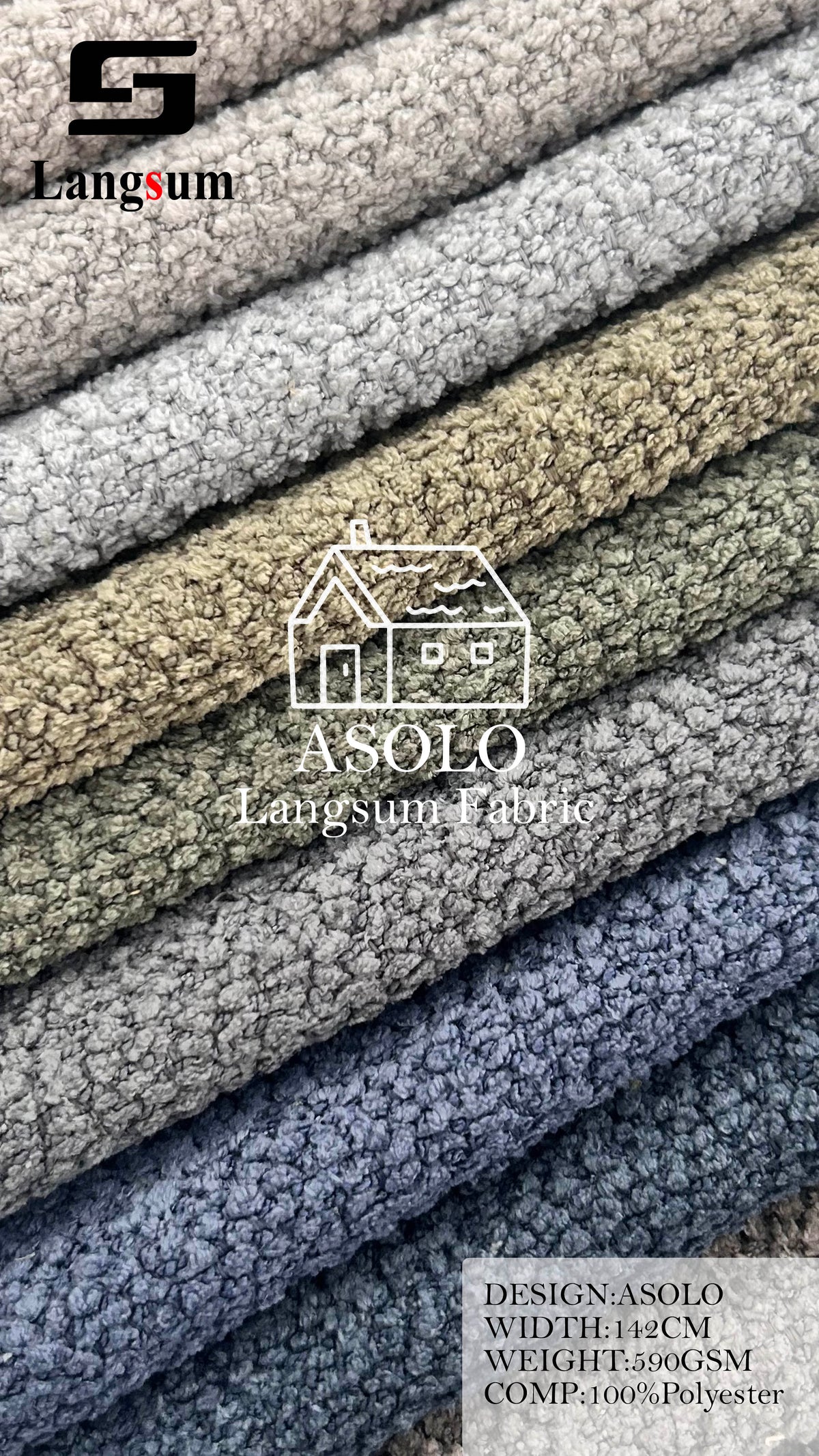 ASOLO Bouclé Polyester Upholstery Fabric – 590gsm, 56" Wide, 23 Colors Langsum Fabric