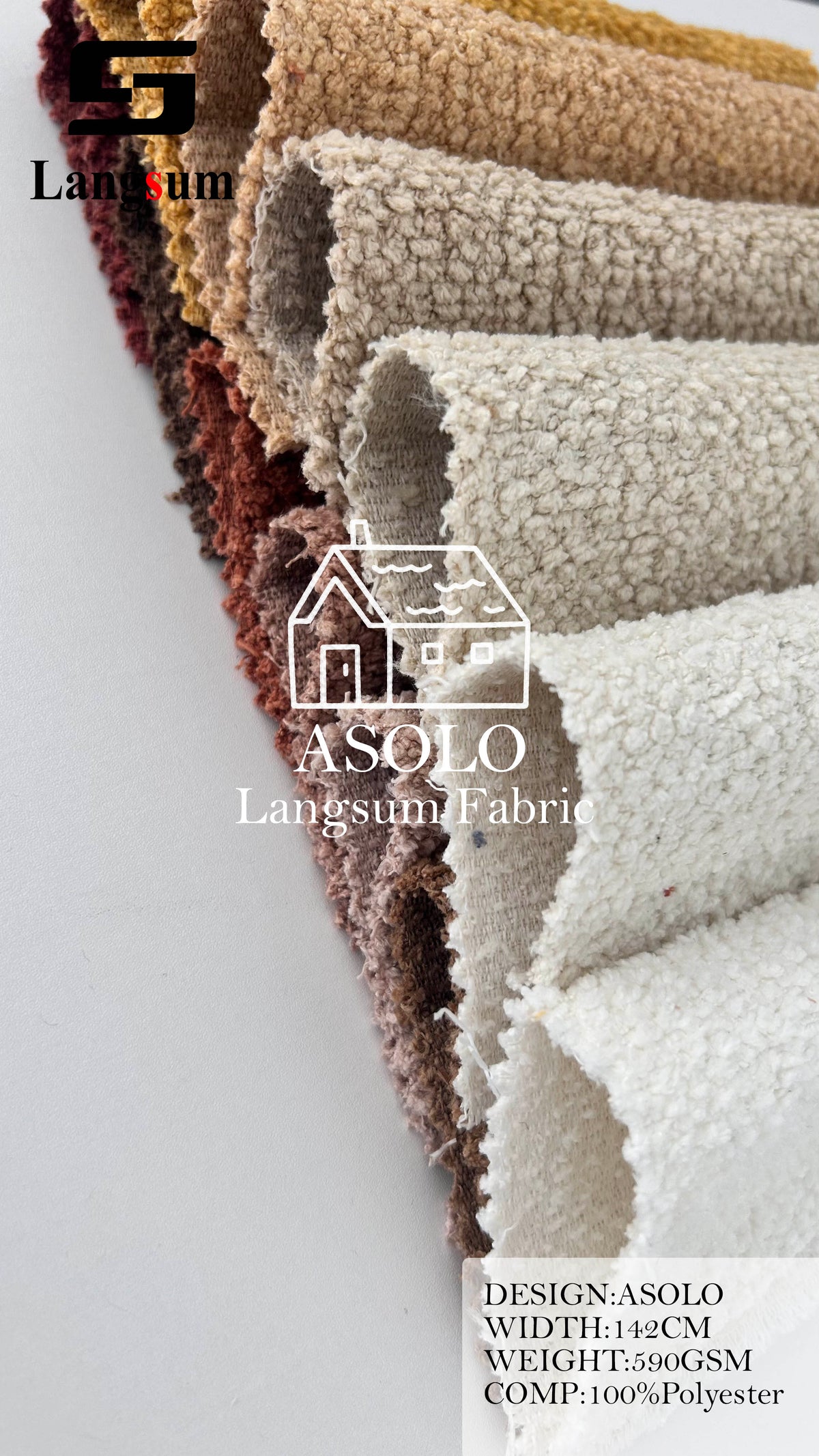 ASOLO Bouclé Polyester Upholstery Fabric – 590gsm, 56" Wide, 23 Colors Langsum Fabric