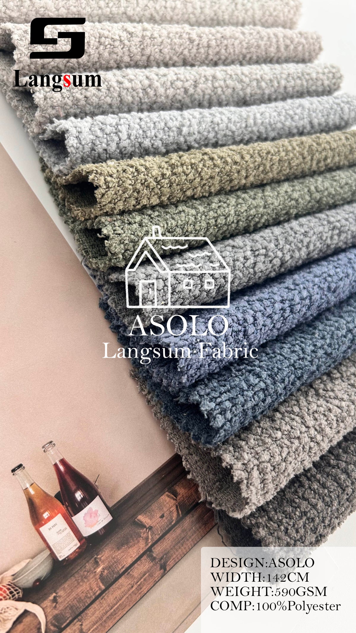 ASOLO Bouclé Polyester Upholstery Fabric – 590gsm, 56" Wide, 23 Colors Langsum Fabric