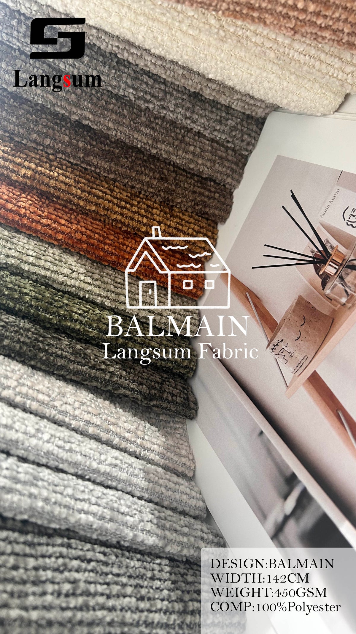 BALMAIN Ribbed Polyester Upholstery Fabric – 450gsm, 56" Wide, 17 Colors Langsum Fabric