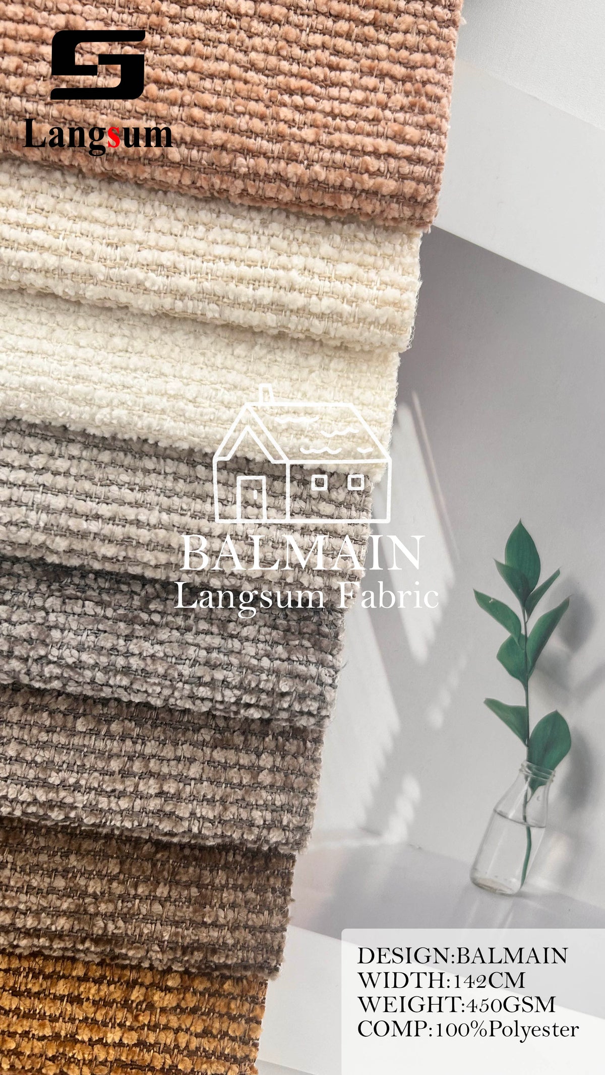 BALMAIN Ribbed Polyester Upholstery Fabric – 450gsm, 56" Wide, 17 Colors Langsum Fabric