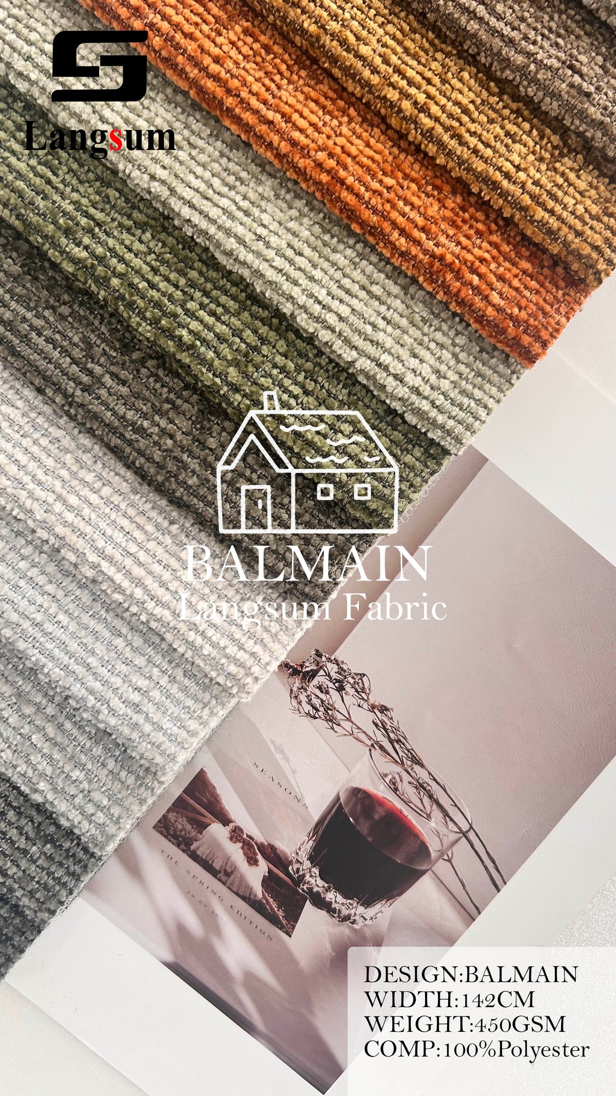 BALMAIN Ribbed Polyester Upholstery Fabric – 450gsm, 56" Wide, 17 Colors Langsum Fabric
