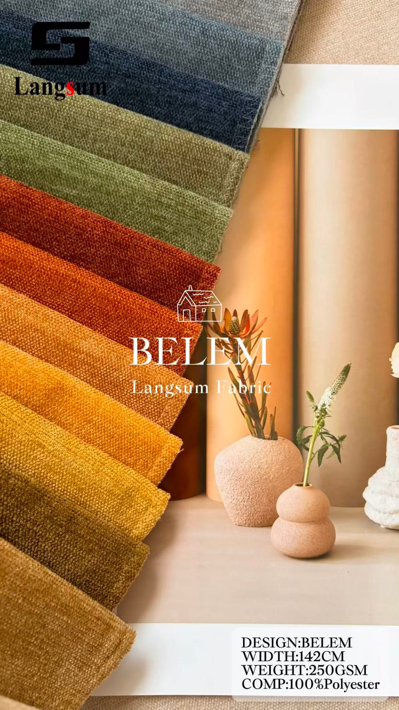 BELEM Chenille Fabric Woven Jacquard Fabric – 250gsm, 56" Wide, 29 Colors Langsum Fabric