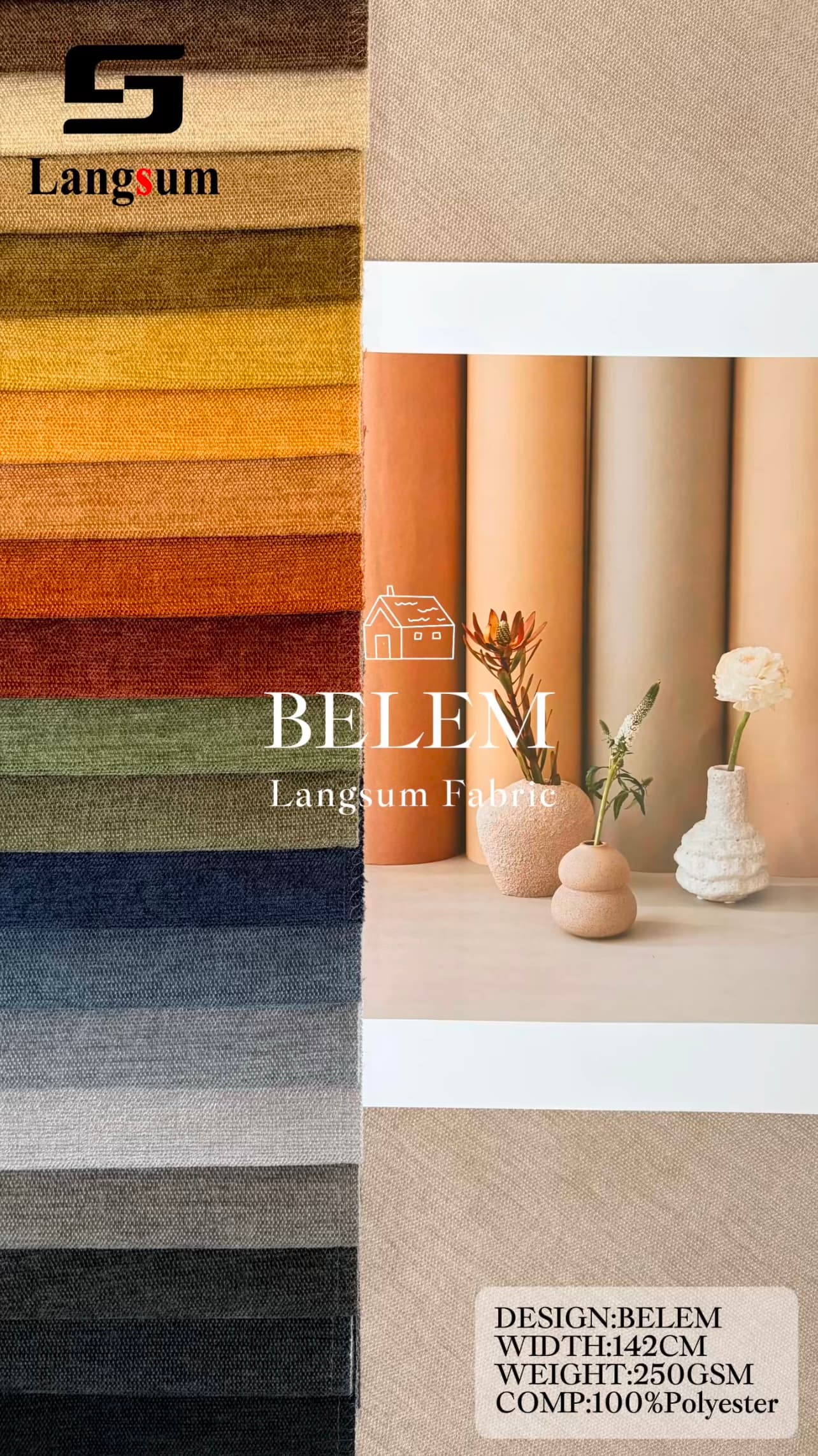 BELEM Chenille Fabric Woven Jacquard Fabric – 250gsm, 56" Wide, 29 Colors Langsum Fabric
