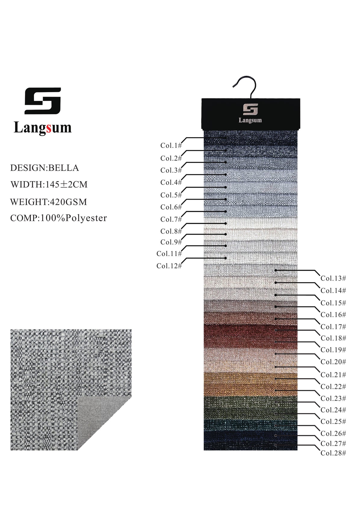 BELLA Bouclé-Textured Polyester Upholstery Fabric – 420gsm, 57" Wide, 27 Colors Langsum Fabric