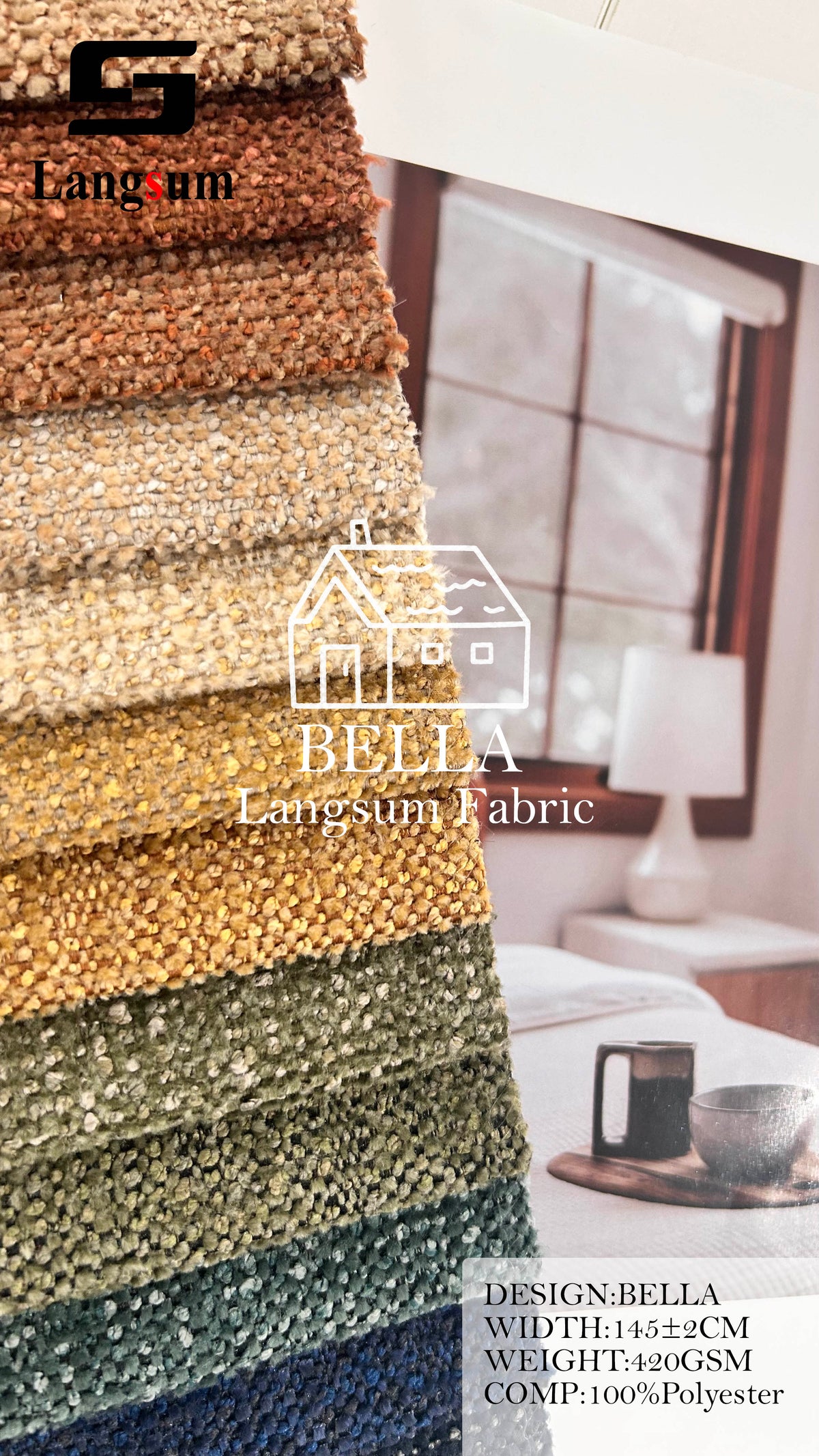 BELLA Bouclé-Textured Polyester Upholstery Fabric – 420gsm, 57" Wide, 27 Colors Langsum Fabric