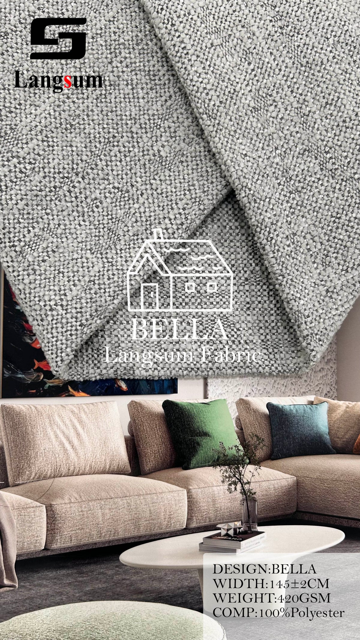 BELLA Bouclé-Textured Polyester Upholstery Fabric – 420gsm, 57" Wide, 27 Colors Langsum Fabric