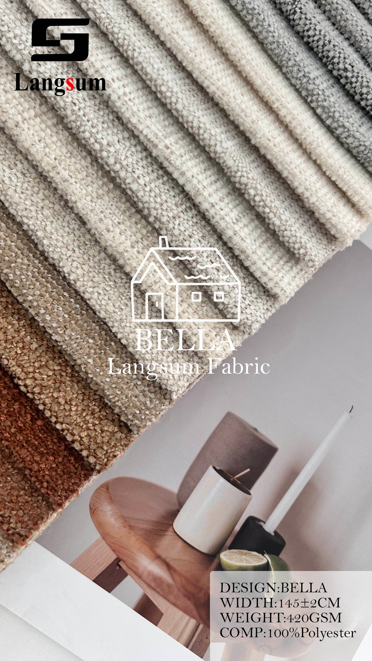 BELLA Bouclé-Textured Polyester Upholstery Fabric – 420gsm, 57" Wide, 27 Colors Langsum Fabric