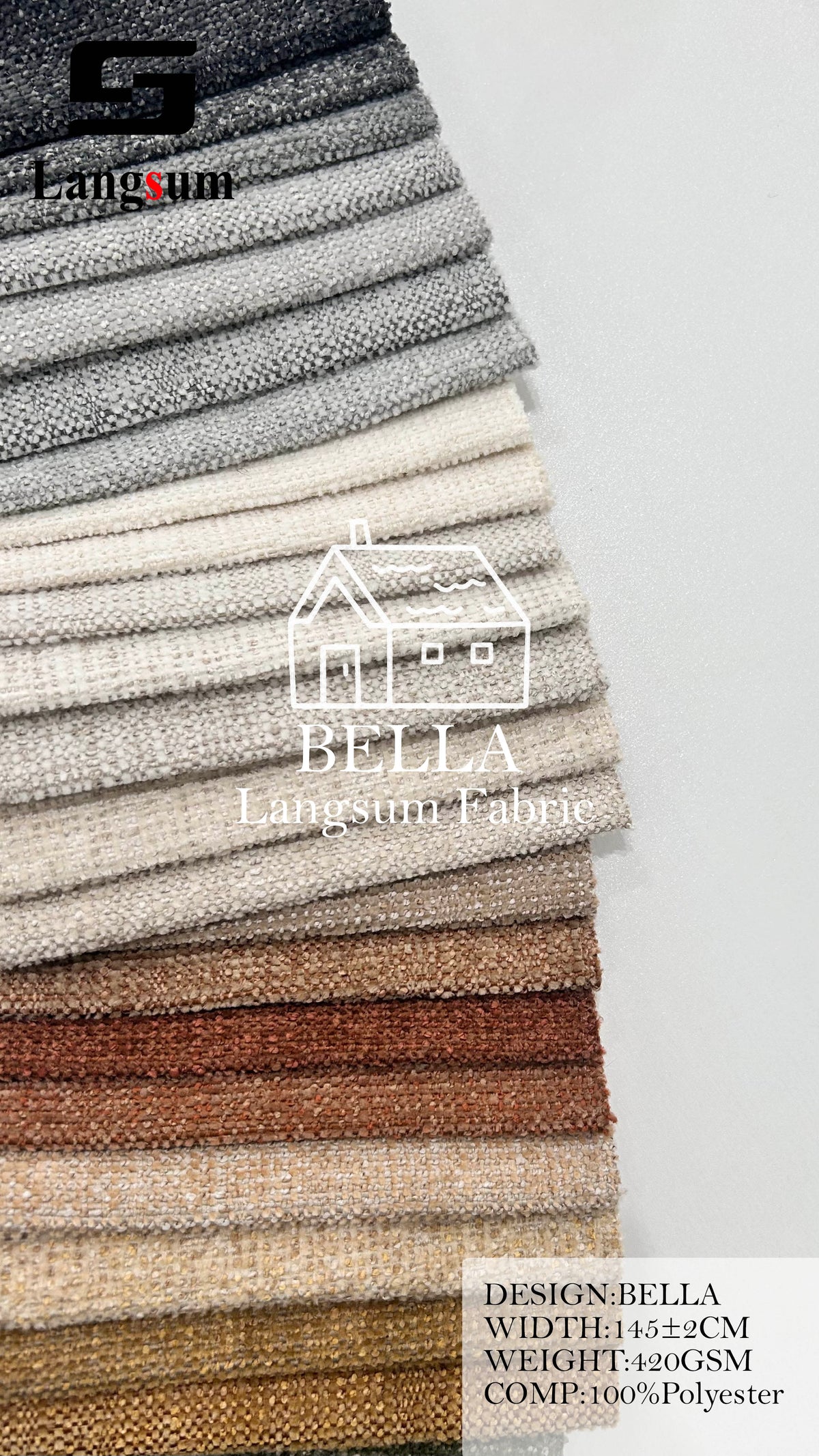BELLA Bouclé-Textured Polyester Upholstery Fabric – 420gsm, 57" Wide, 27 Colors Langsum Fabric