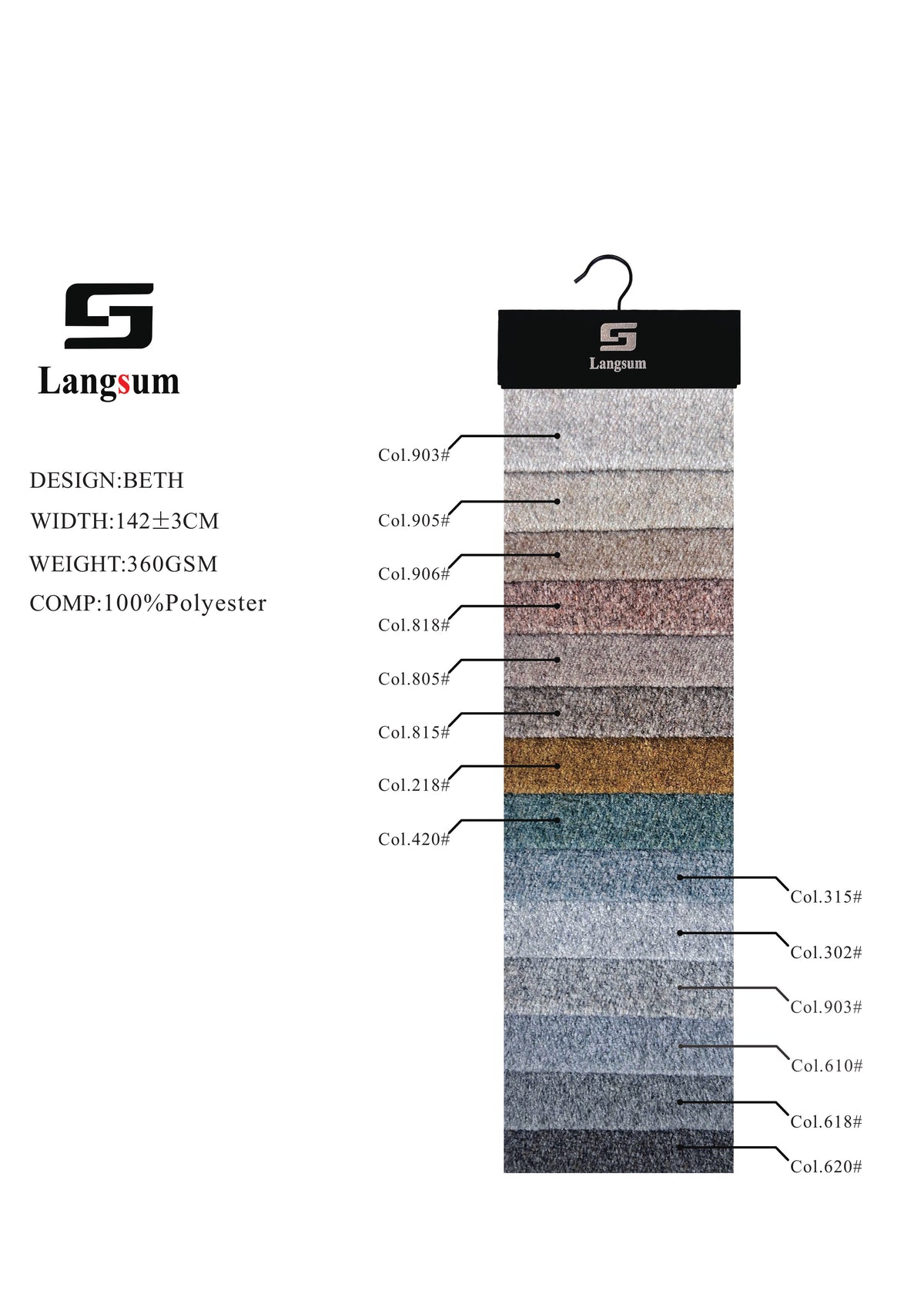 BETH Plush-Textured Polyester Upholstery Fabric – 360gsm, 56" Wide, 13 Colors Langsum Fabric