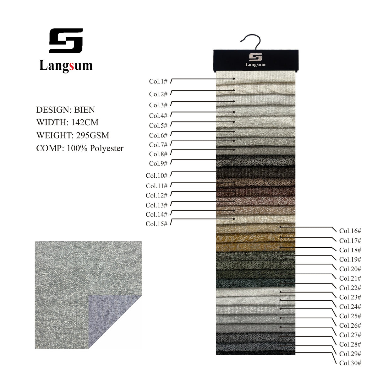 BIEN Fine-Textured Polyester Upholstery Fabric – 295gsm, 56" Wide Langsum Fabric