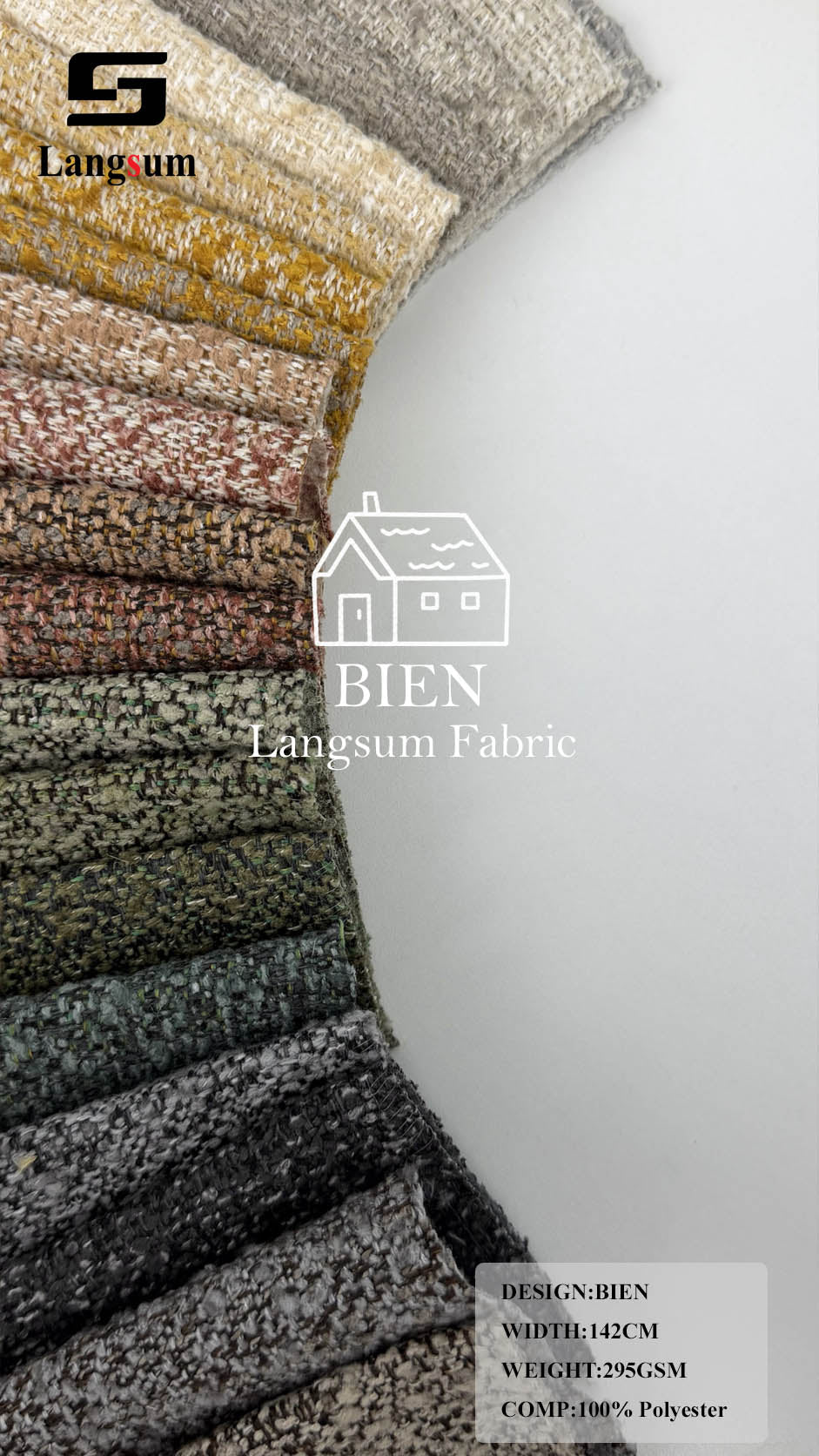 BIEN Fine-Textured Polyester Upholstery Fabric – 295gsm, 56" Wide Langsum Fabric